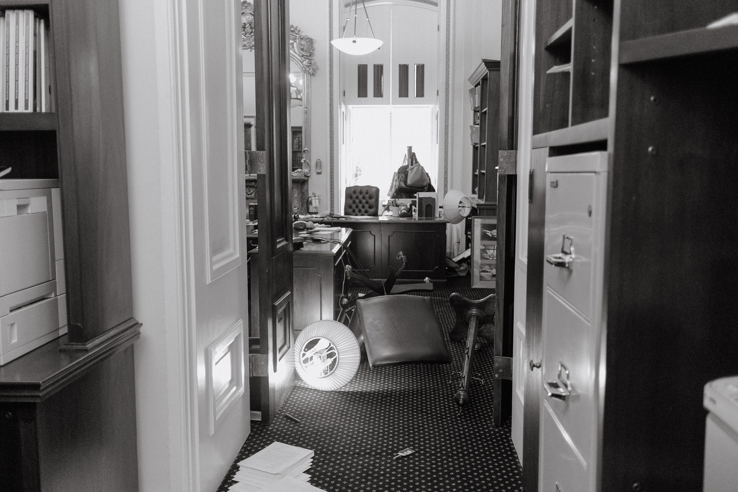 The aftermath seen in a Capitol Building office after it was vandalized by pro-Trump rioters on Jan. 6.