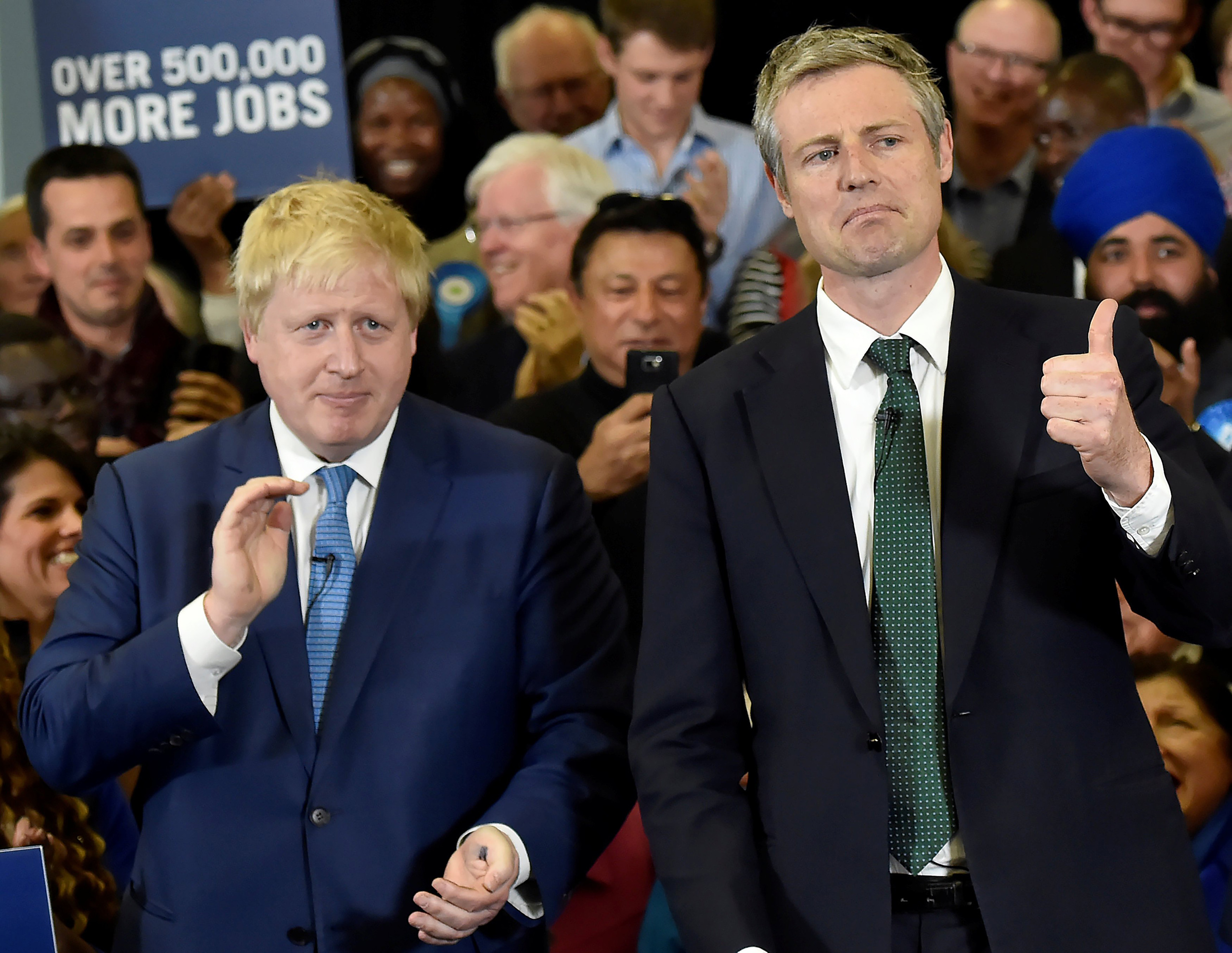London Mayor Boris Johnson and Conservative Party candidate for Mayor of London Zac Goldsmith (R) speak during a campaign event for the London Mayoral election in London, May 3, 2016.