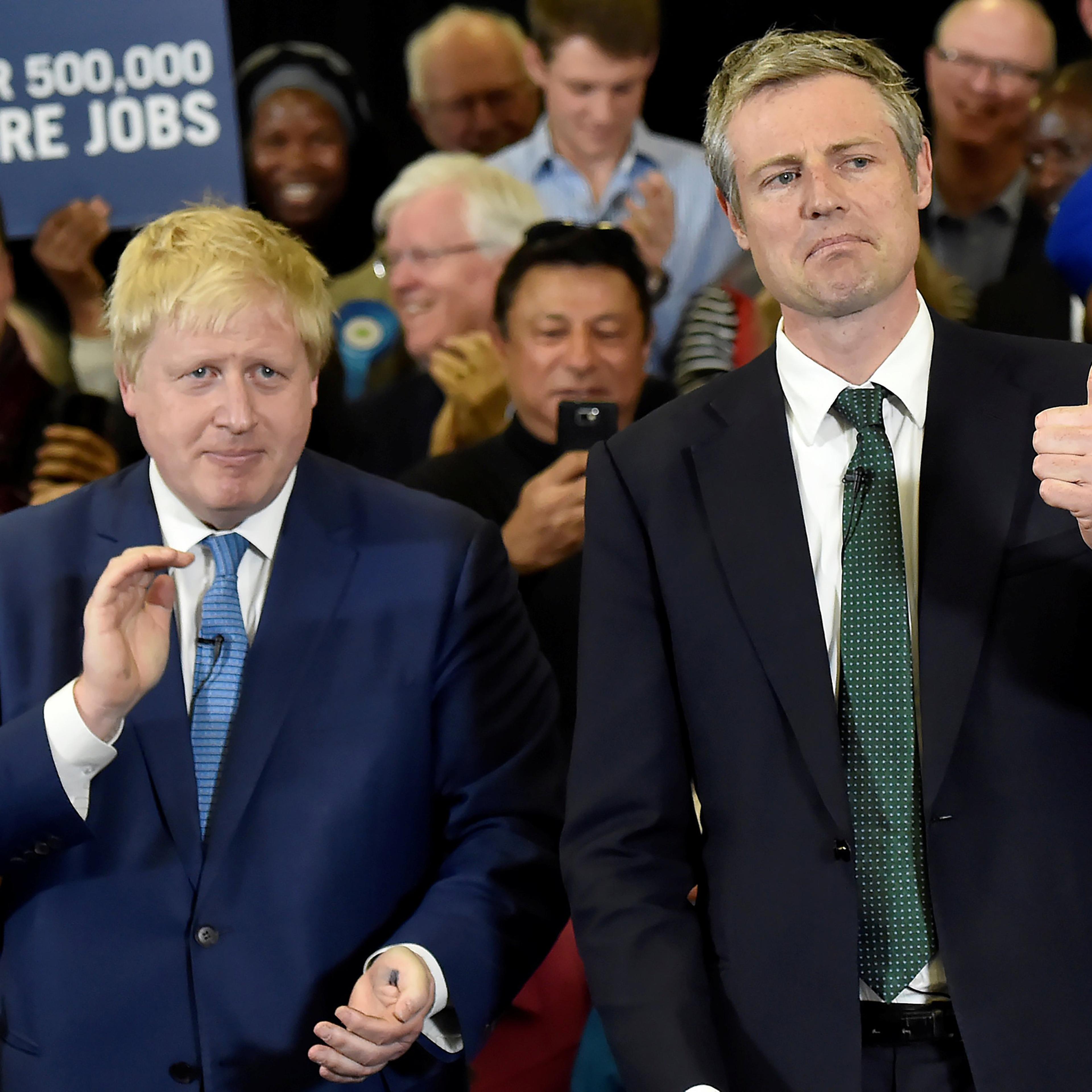 London Mayor Boris Johnson and Conservative Party candidate for Mayor of London Zac Goldsmith (R) speak during a campaign event for the London Mayoral election in London, May 3, 2016.