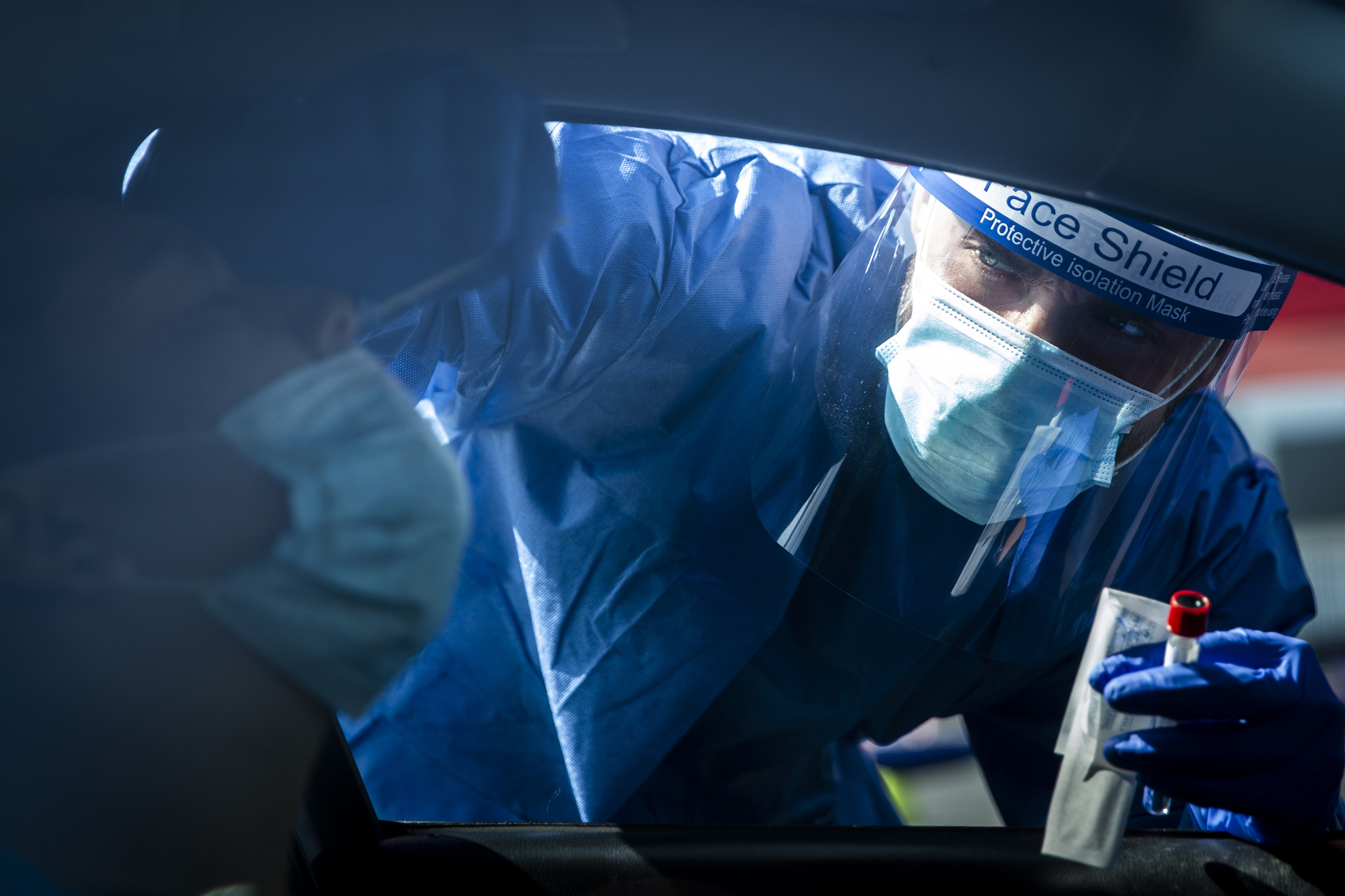 Coronavirus testing at a site in Los Angeles on July 10, 2020.  (Jenna Schoenefeld/The New York Times)
