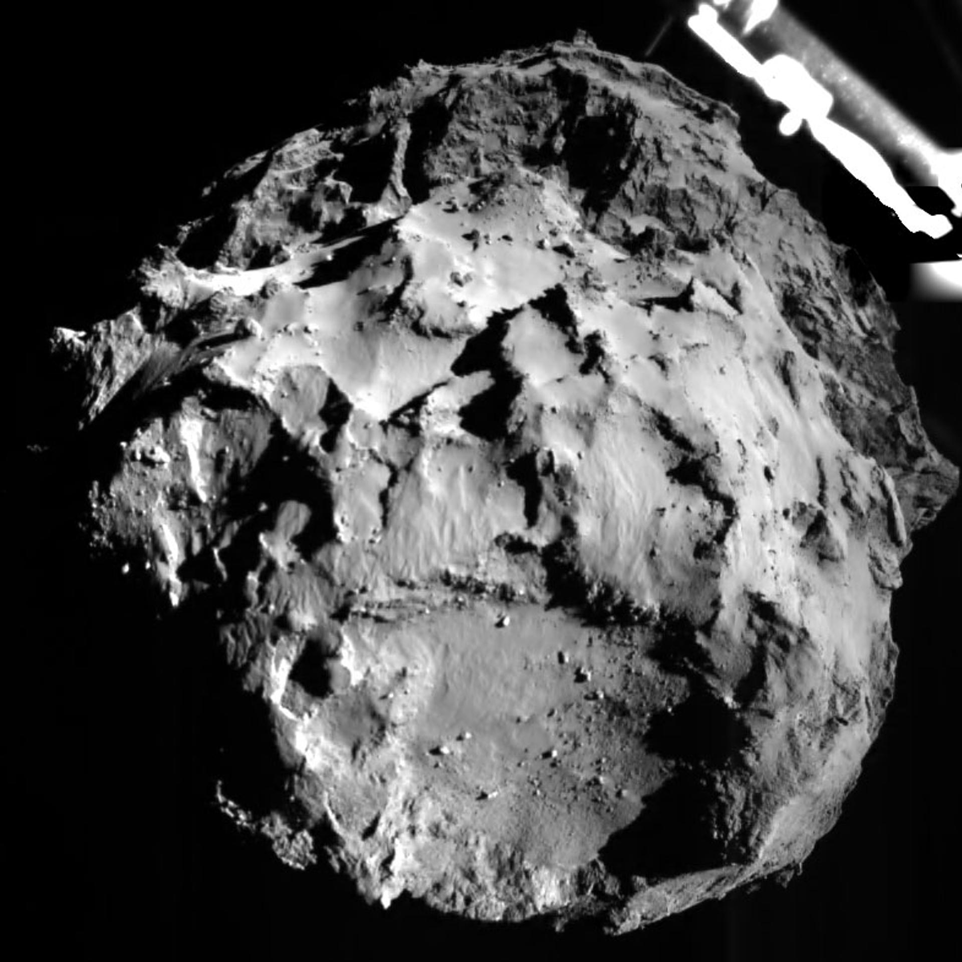 ROLIS's (Rosetta Lander Imaging System) first photo of Comet 67P, taken as Philae lander approached its touchdown on the comet's surface.