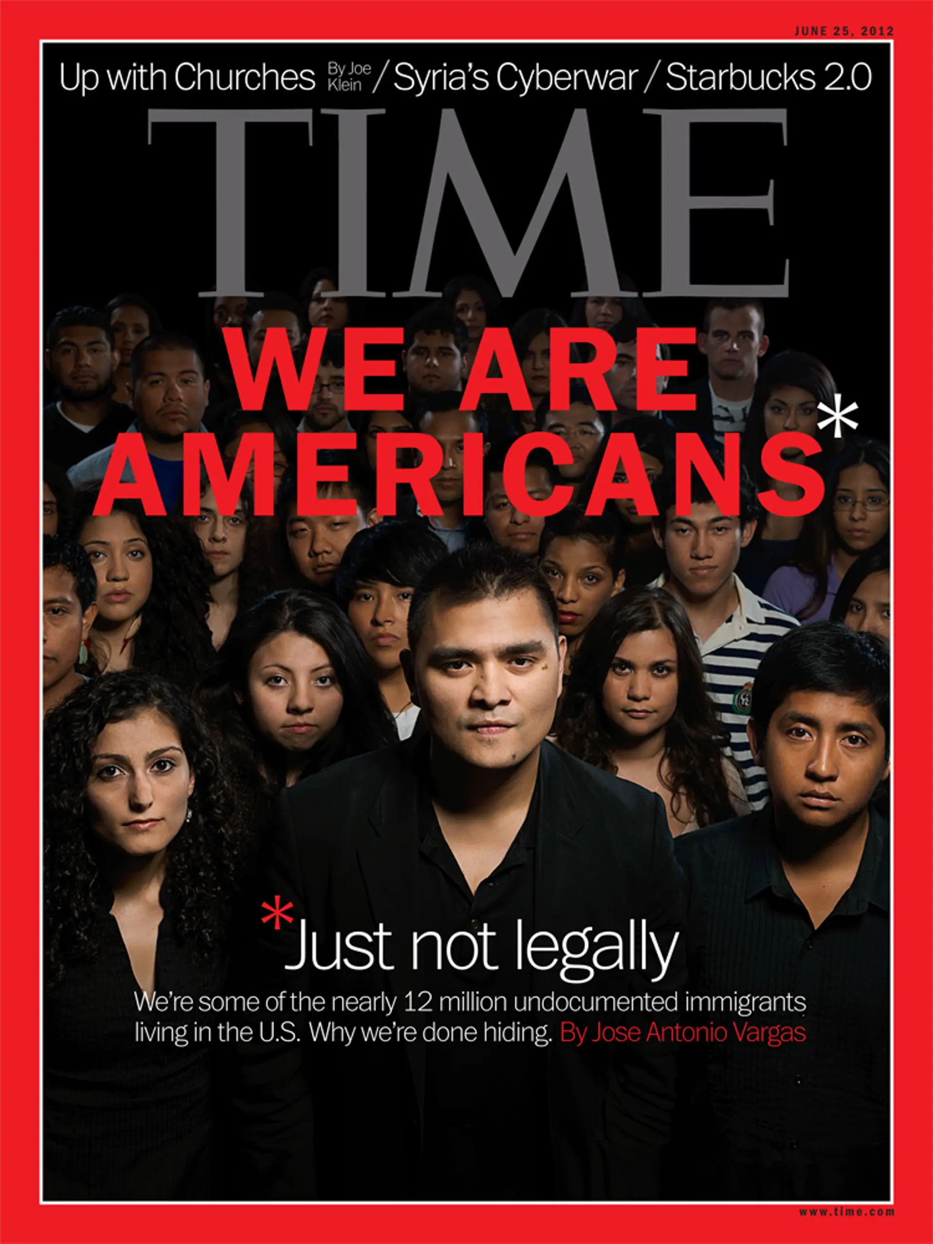 The June 25, 2012 cover of TIME Magazine. Gian Paul Lozza photographed journalist Jose Antonio Vargas and 35 other undocumented immigrants.