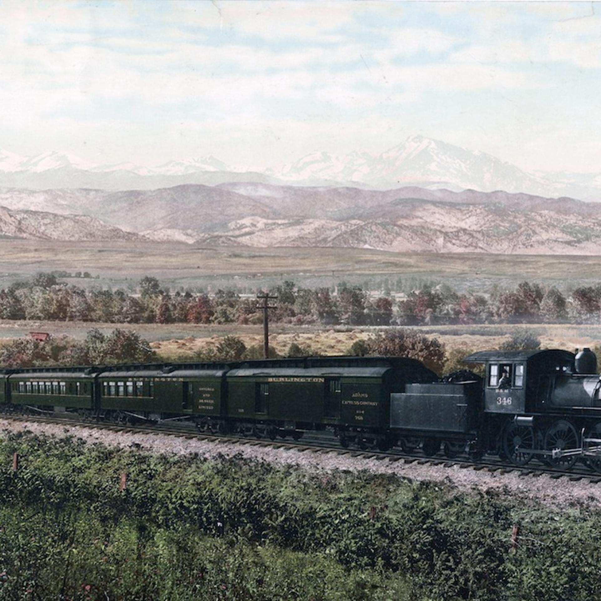 Photomechanical print of the Chicago Special, Burlington Route, a Class I railroad that operated in the Midwestern United States. Commonly referred to as the Burlington or Q. Photographed by William Henry Jackson ( 1843-1942). Dated 1900.