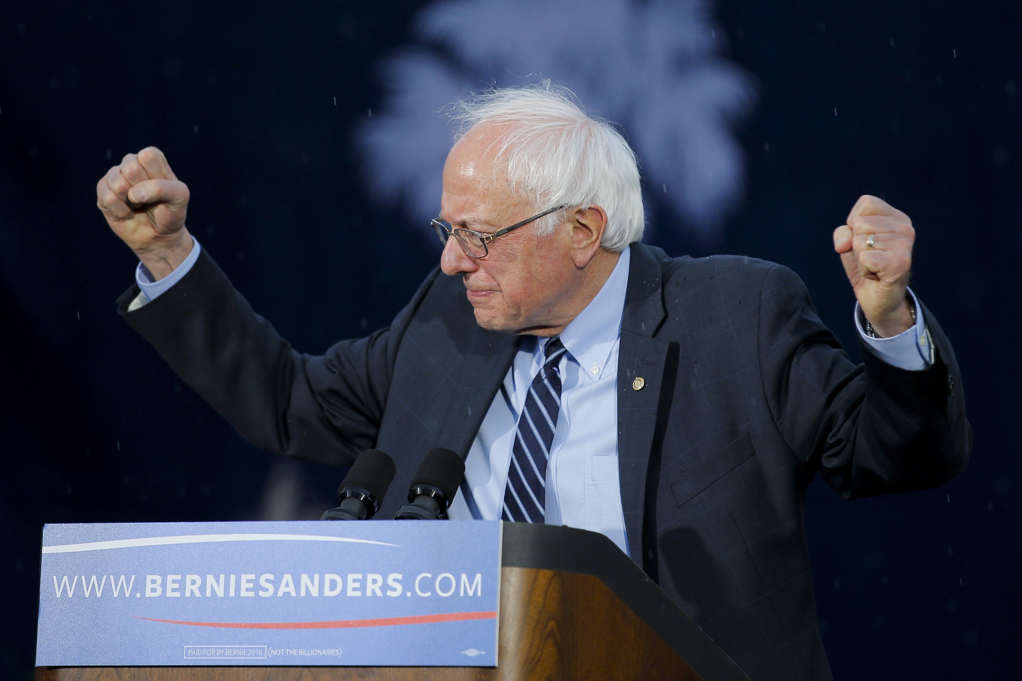 Bernie Sanders raises his hands as he speak during a campaign rally at the South Carolina Democratic Party headquarters in Columbia, South Carolina on Nov. 21, 2015.