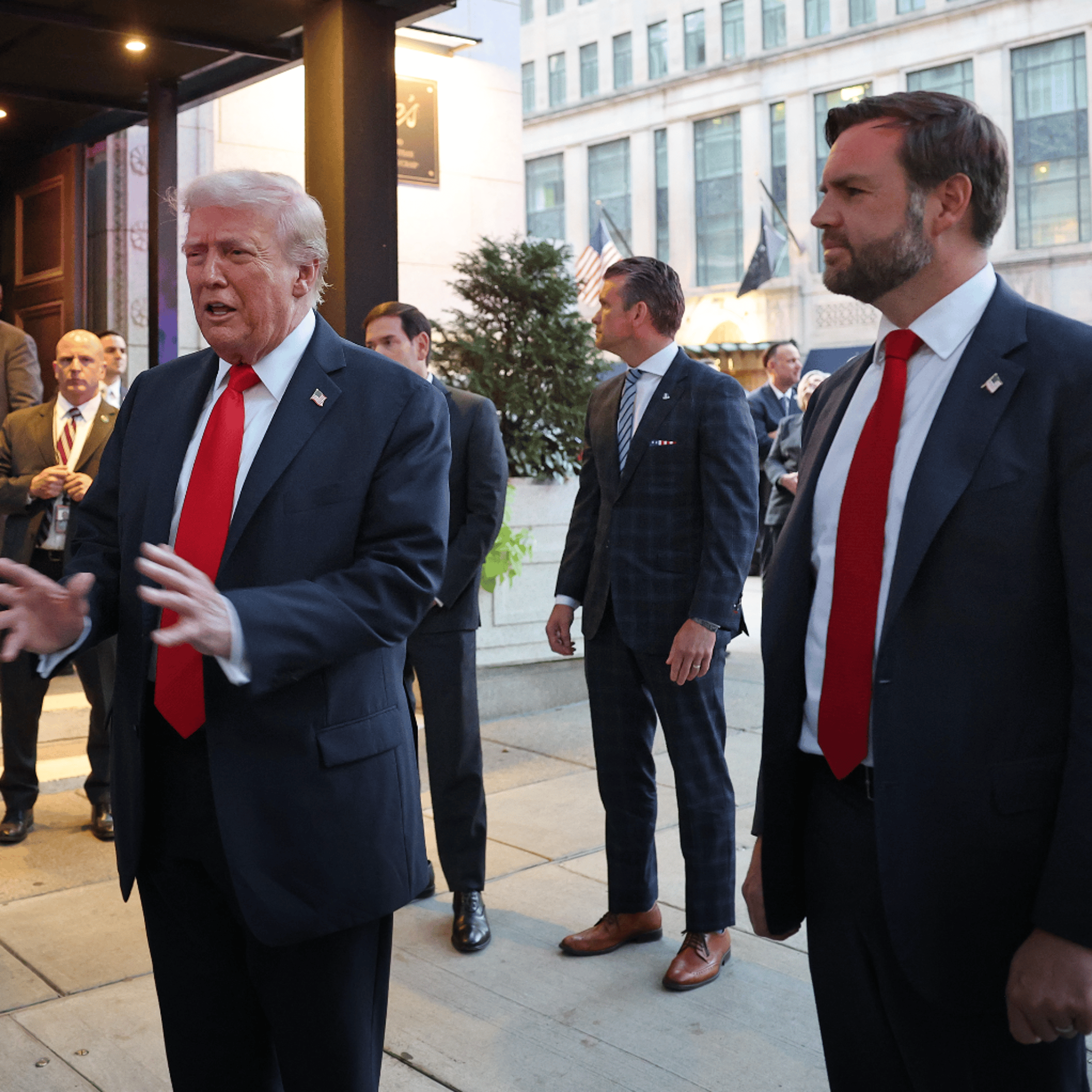 President Donald Trump and members of his cabinet and Administration, including Defense Secretary Pete Hegseth and Vice President J.D. Vance, arrive at a restaurant in Washington, D.C., on Sept. 9, 2025.