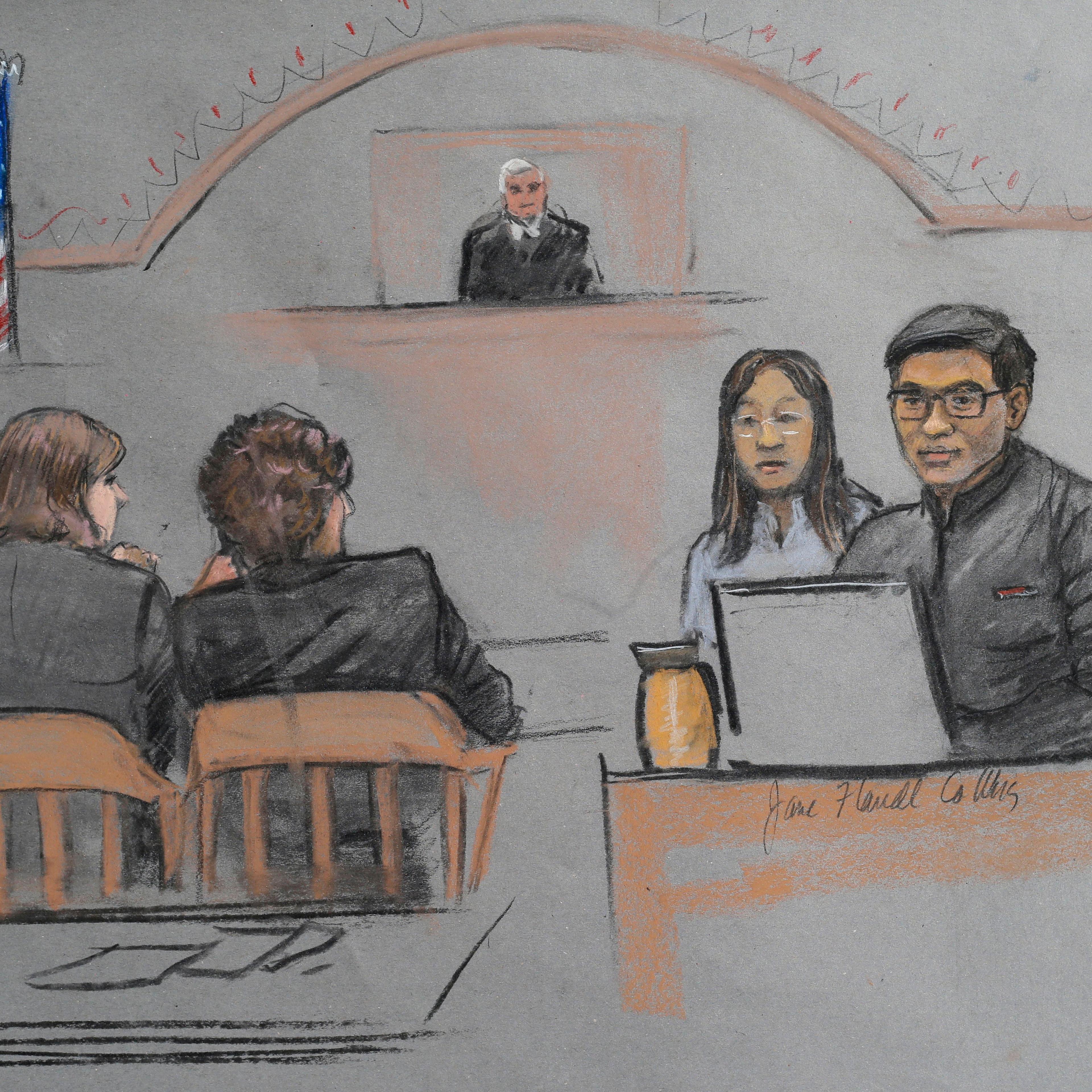 In this courtroom sketch, Dun Meng, far right, testifies with a translator at his side during the federal death penalty trial of Boston Marathon bombing suspect Dzhokhar Tsarnaev in Boston on March 12, 2015.