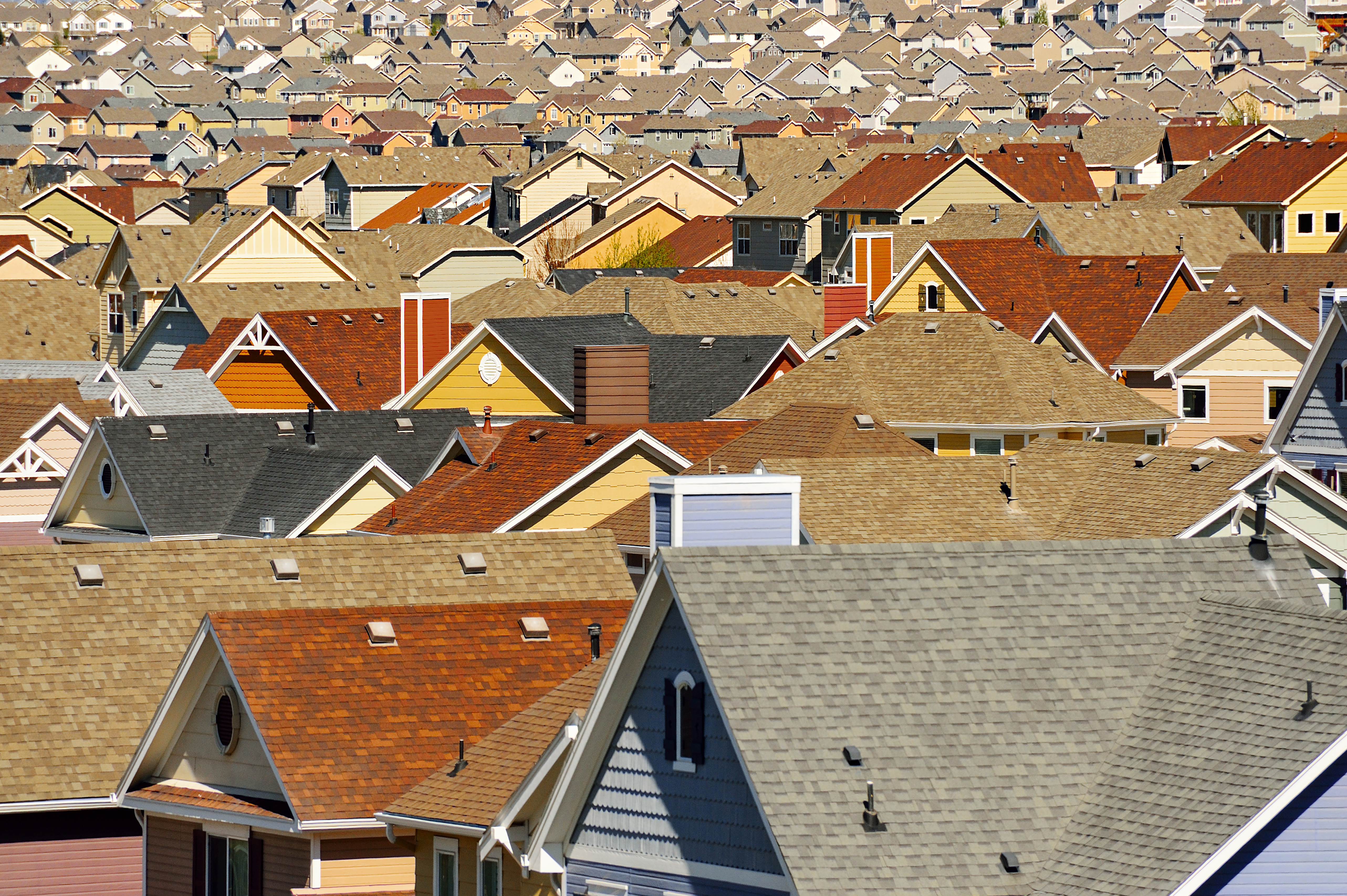 Rooftops in suburban development in Colorado Springs, Colorado.