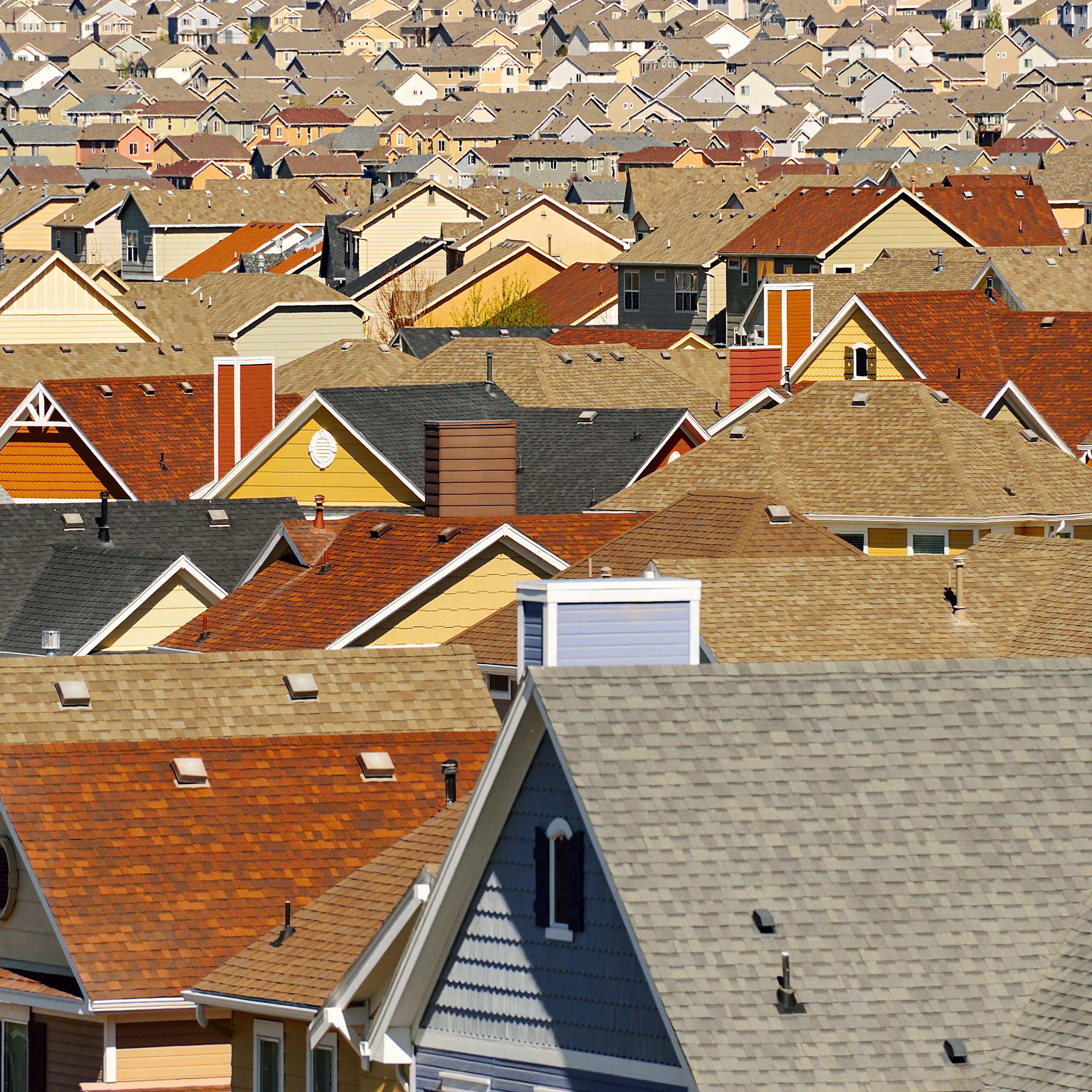 Rooftops in suburban development in Colorado Springs, Colorado.