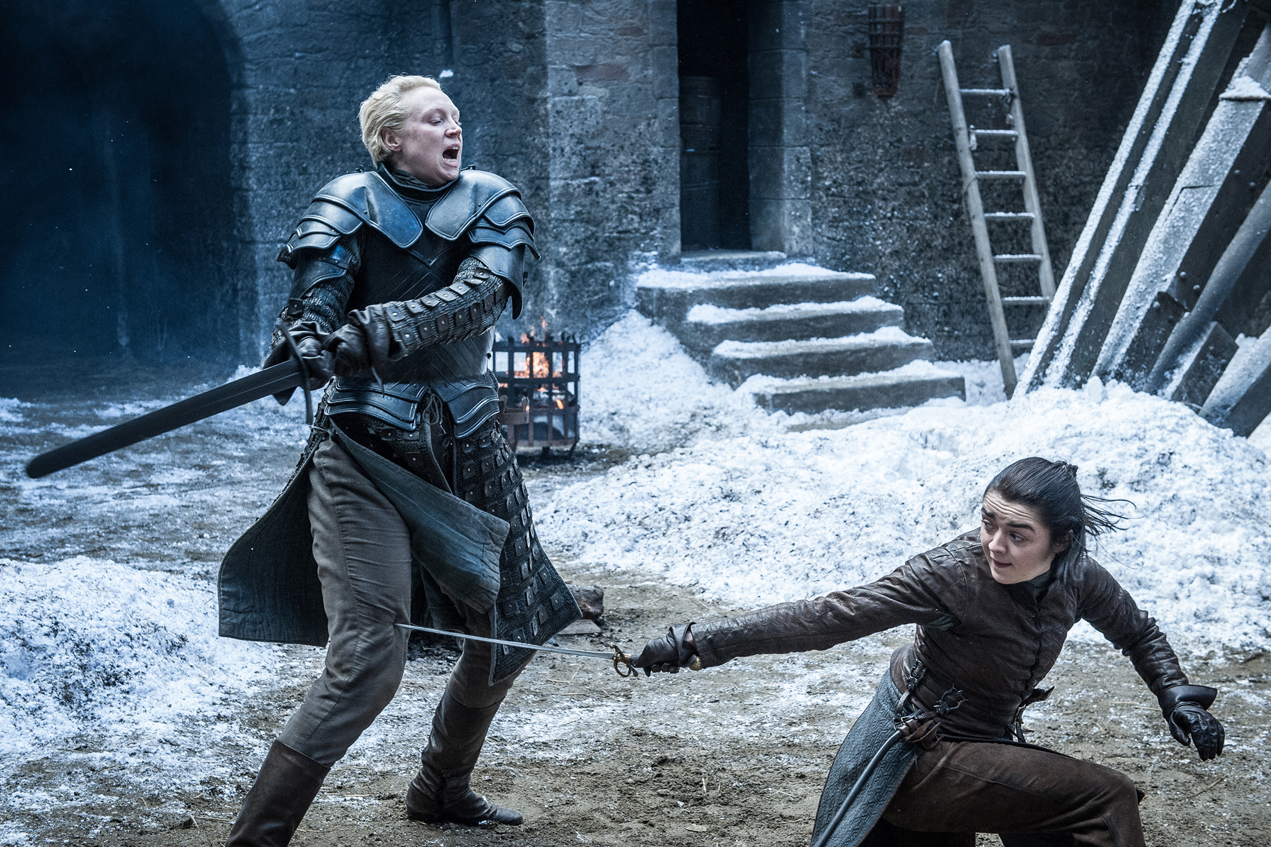 Gwendoline Christie and Maisie Williams in Game of Thrones