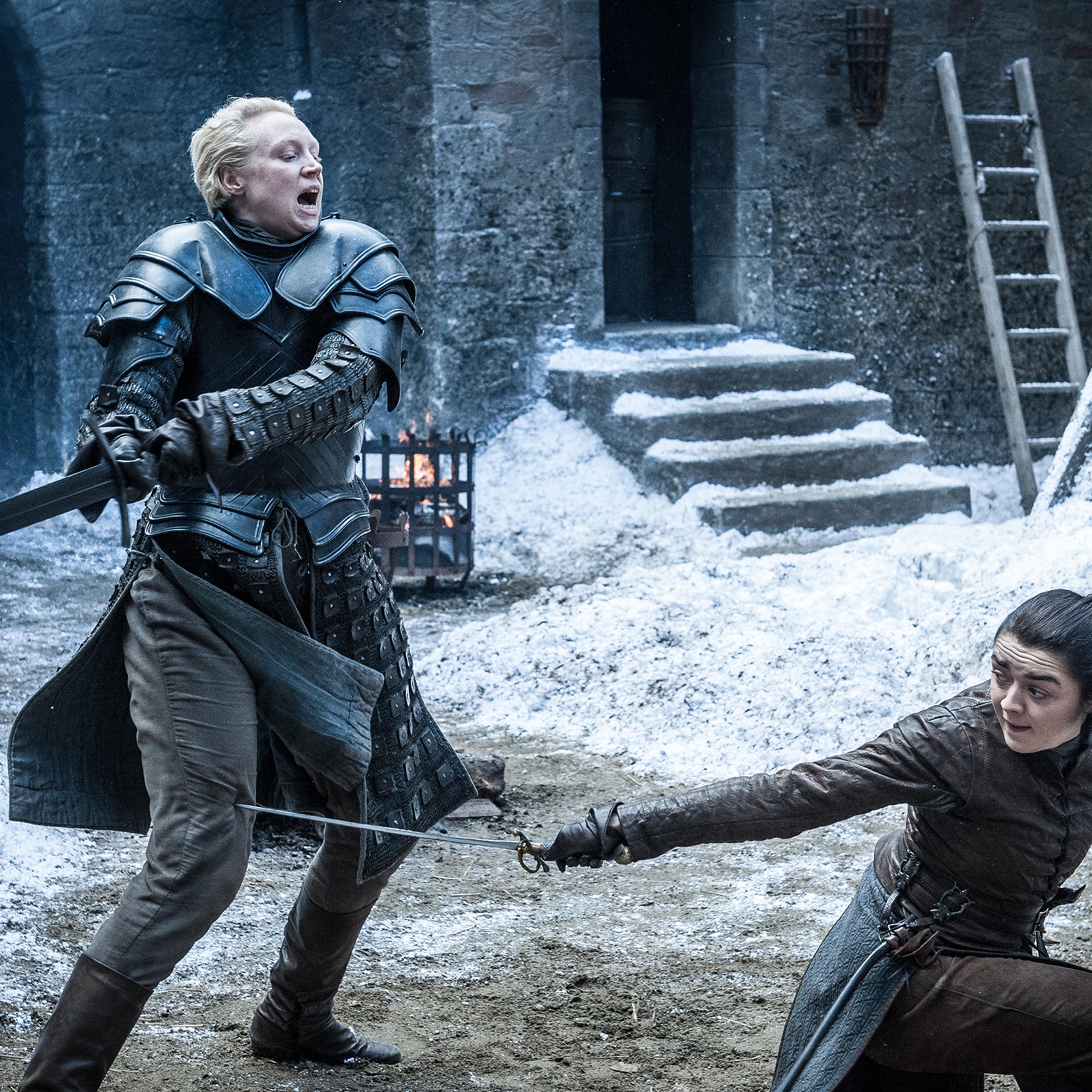 Gwendoline Christie and Maisie Williams in Game of Thrones