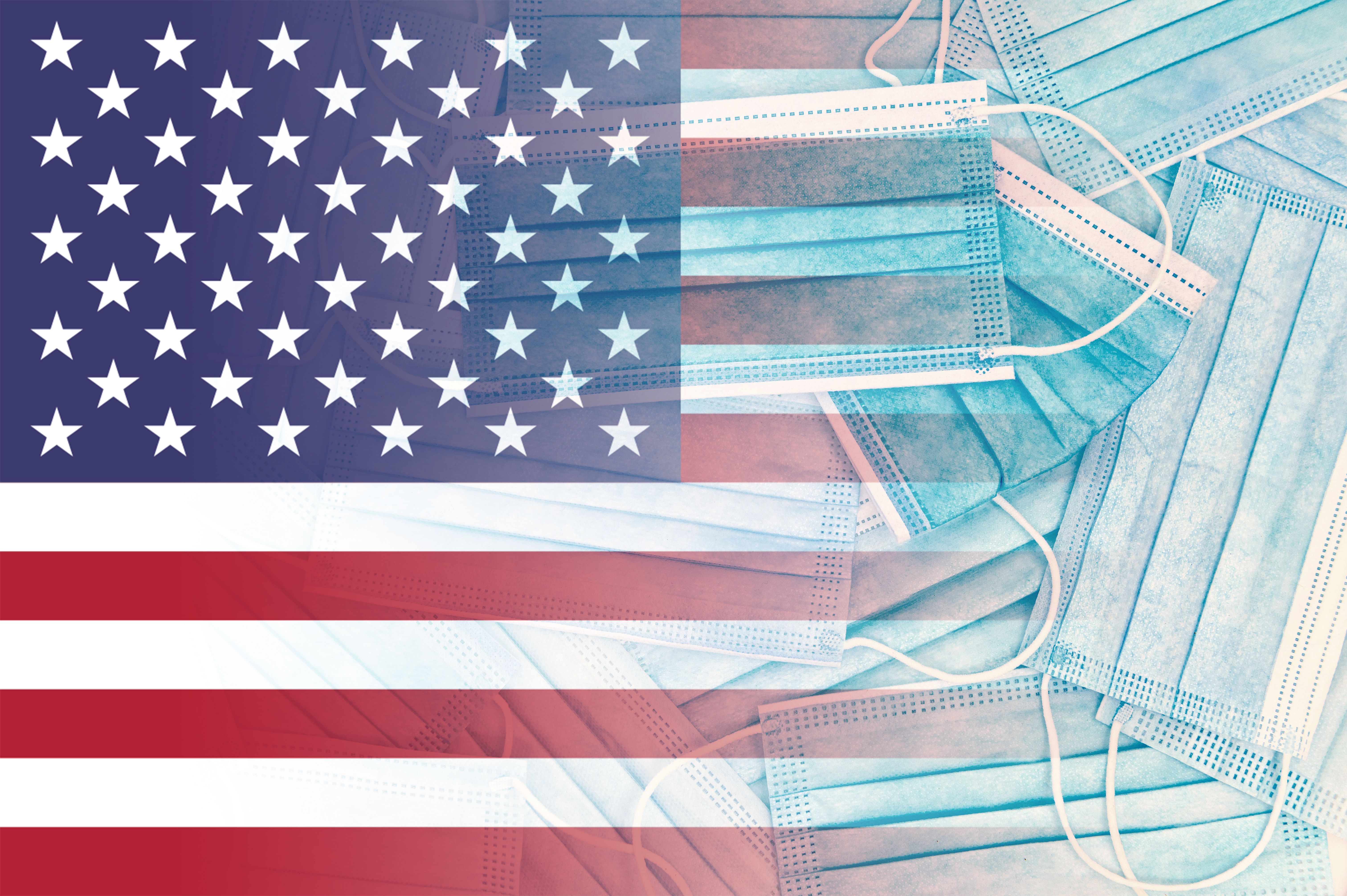 US flag over face protective masks