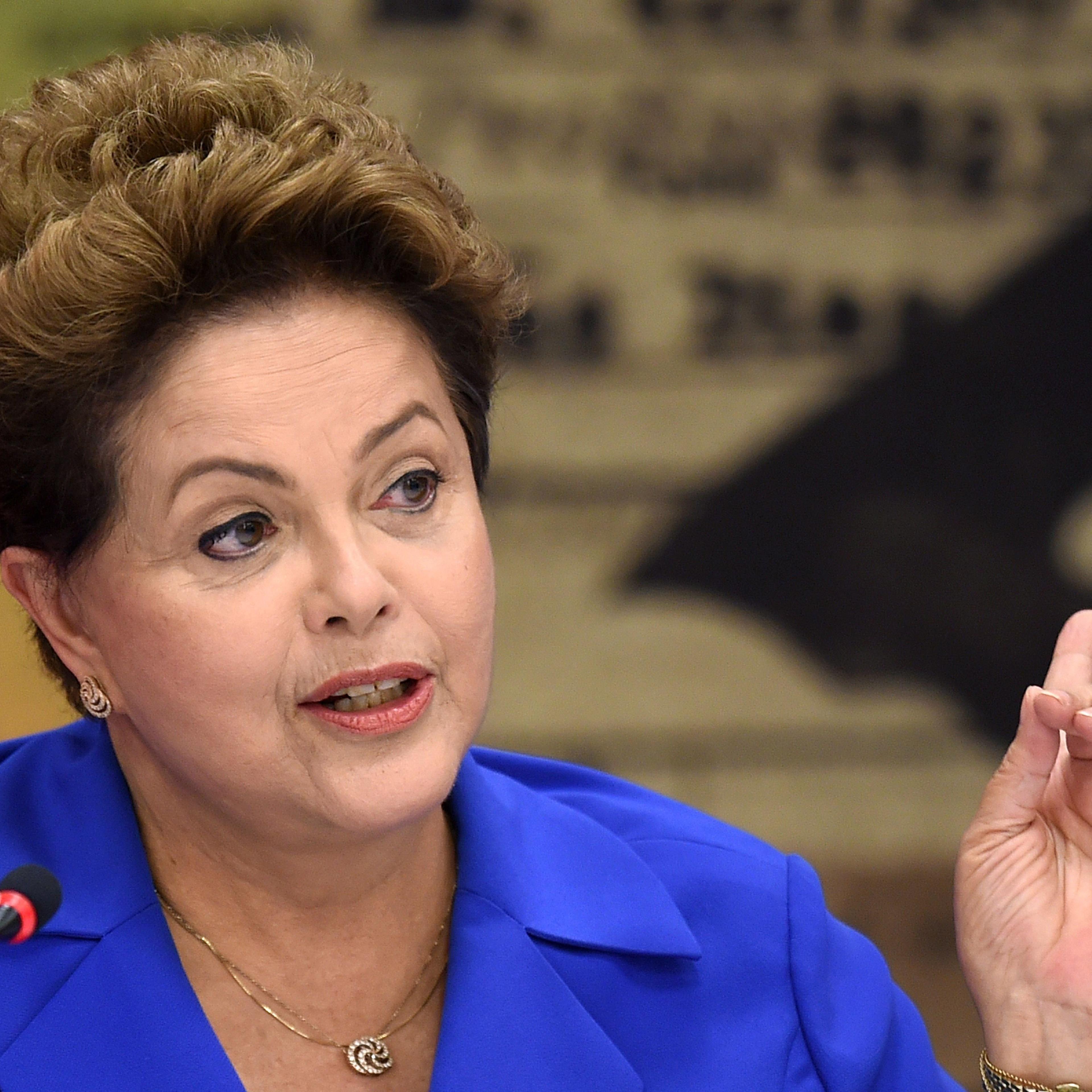 Brazil's President and presidential candidate for the Workers' Party Dilma Rousseff, speaks during a meeting with Governors and Senators elected in the first round of general elections, in Brasilia, Brazil on Oct. 7, 2014.