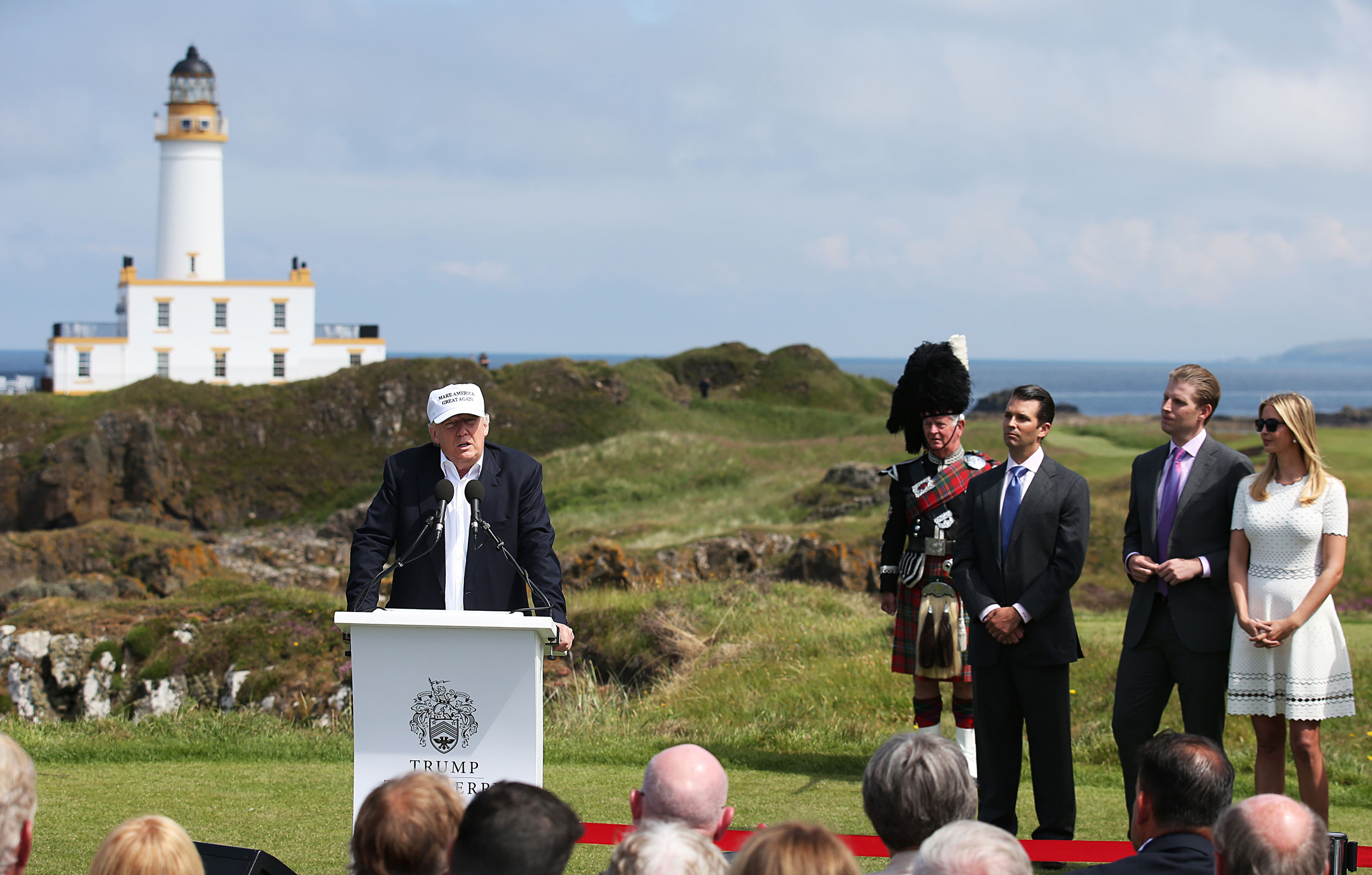 Donald Trump makes a speech at his revamped Trump Turnberry golf course in Turnberry, Scotland, June 24, 2016.