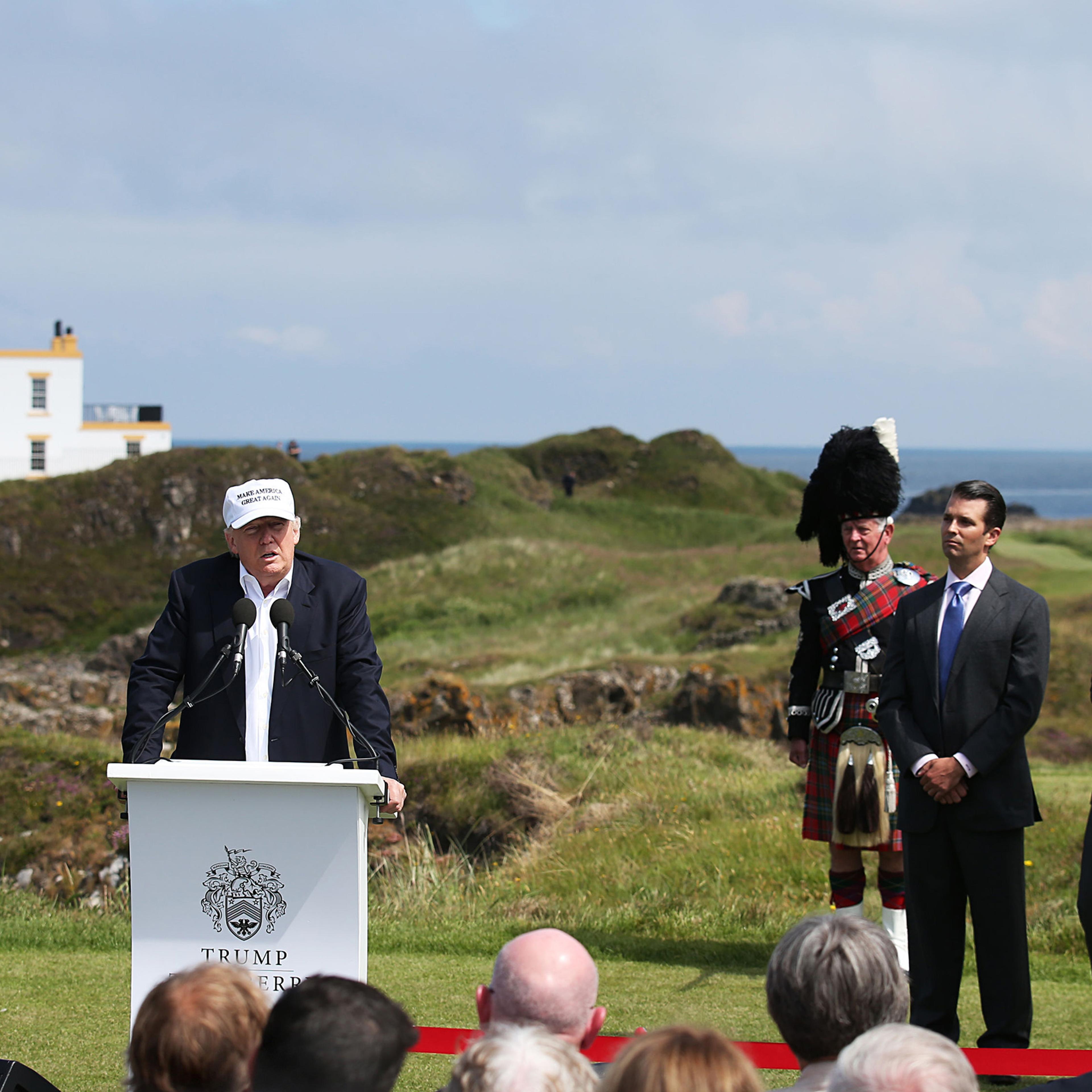 Donald Trump makes a speech at his revamped Trump Turnberry golf course in Turnberry, Scotland, June 24, 2016.