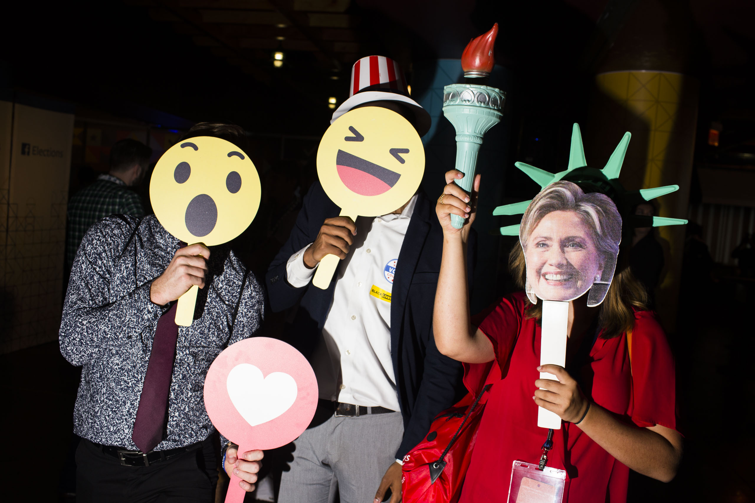 Members of College Democrats of America pose for pictures in the Instagram/Facebook lounge at the 2016 Democratic National Convention in Philadelphia on Monday, July 25, 2016.