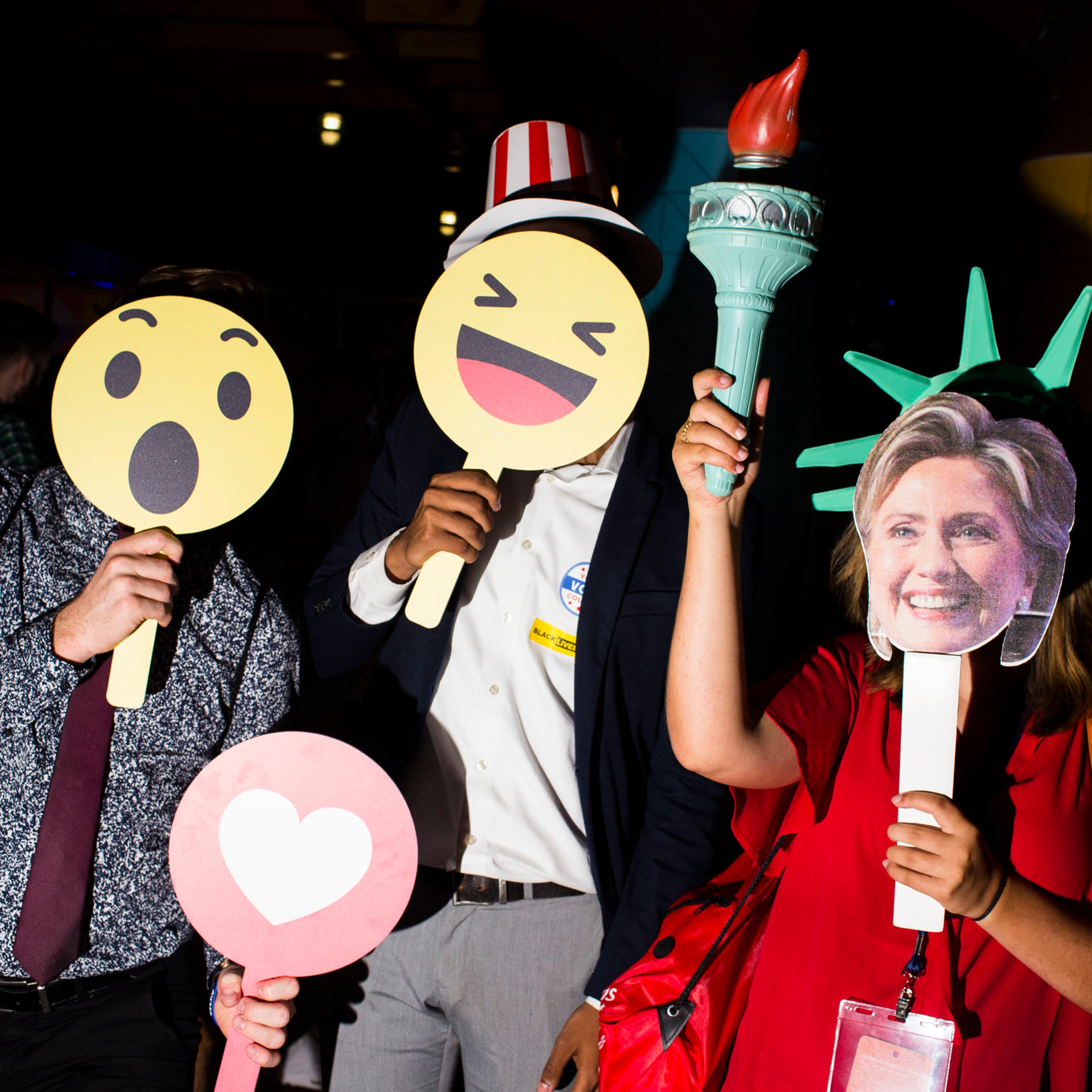 Members of College Democrats of America pose for pictures in the Instagram/Facebook lounge at the 2016 Democratic National Convention in Philadelphia on Monday, July 25, 2016.