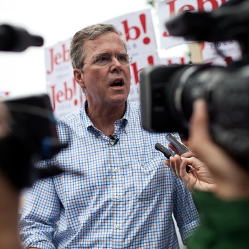 Republican Presidential candidate Jeb Bush speaks to the press at the 4th of July Parade in Merrimack, New Hampshire.
