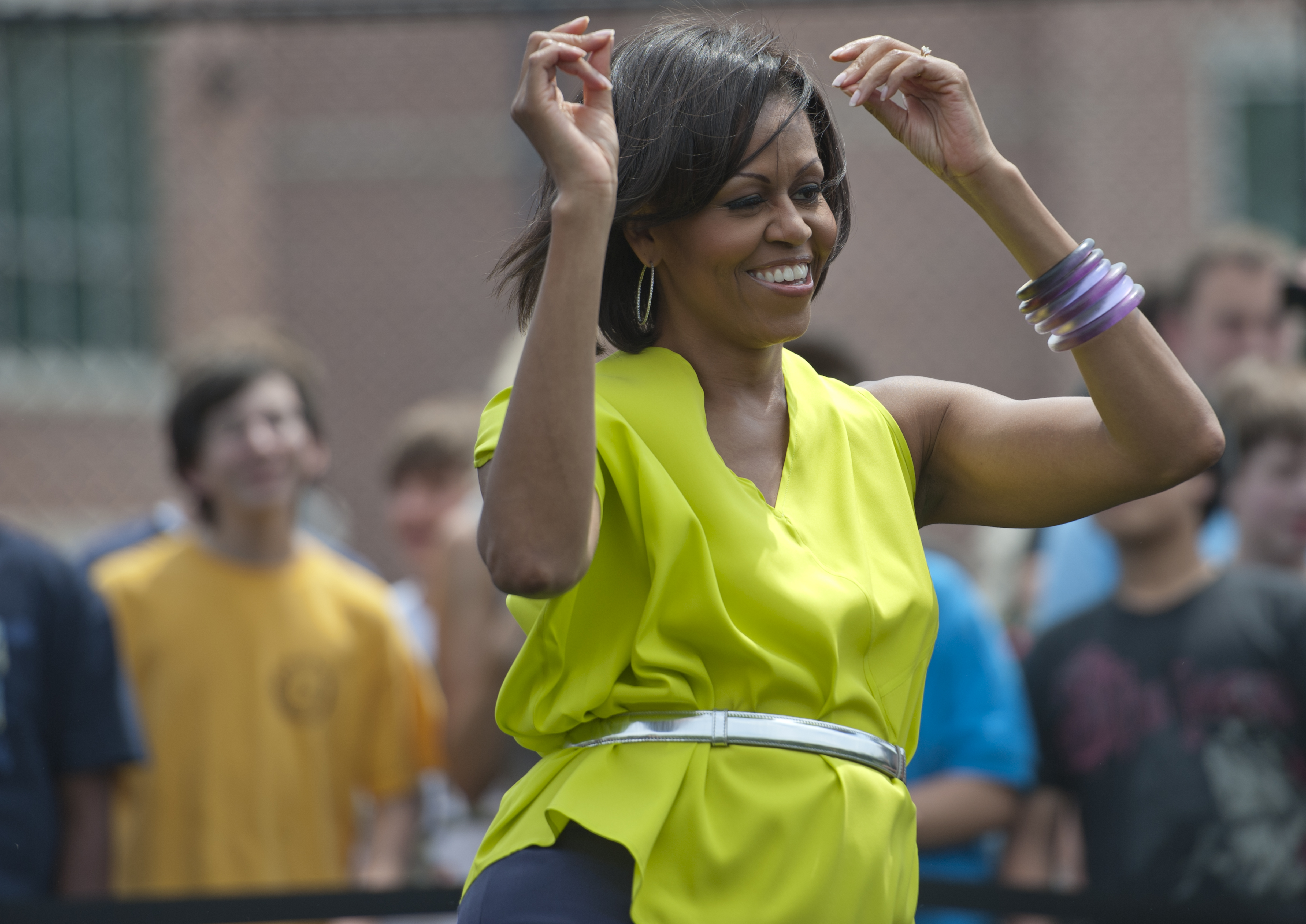 Surprise First Lady Michelle Obama greets the students and teachers of Alice Deal Middle School in Tenleytown, with a suprise visit, where she and the students and teachers participated in the "Let's Move! Flash Workout."A pre-choreographed dance routine