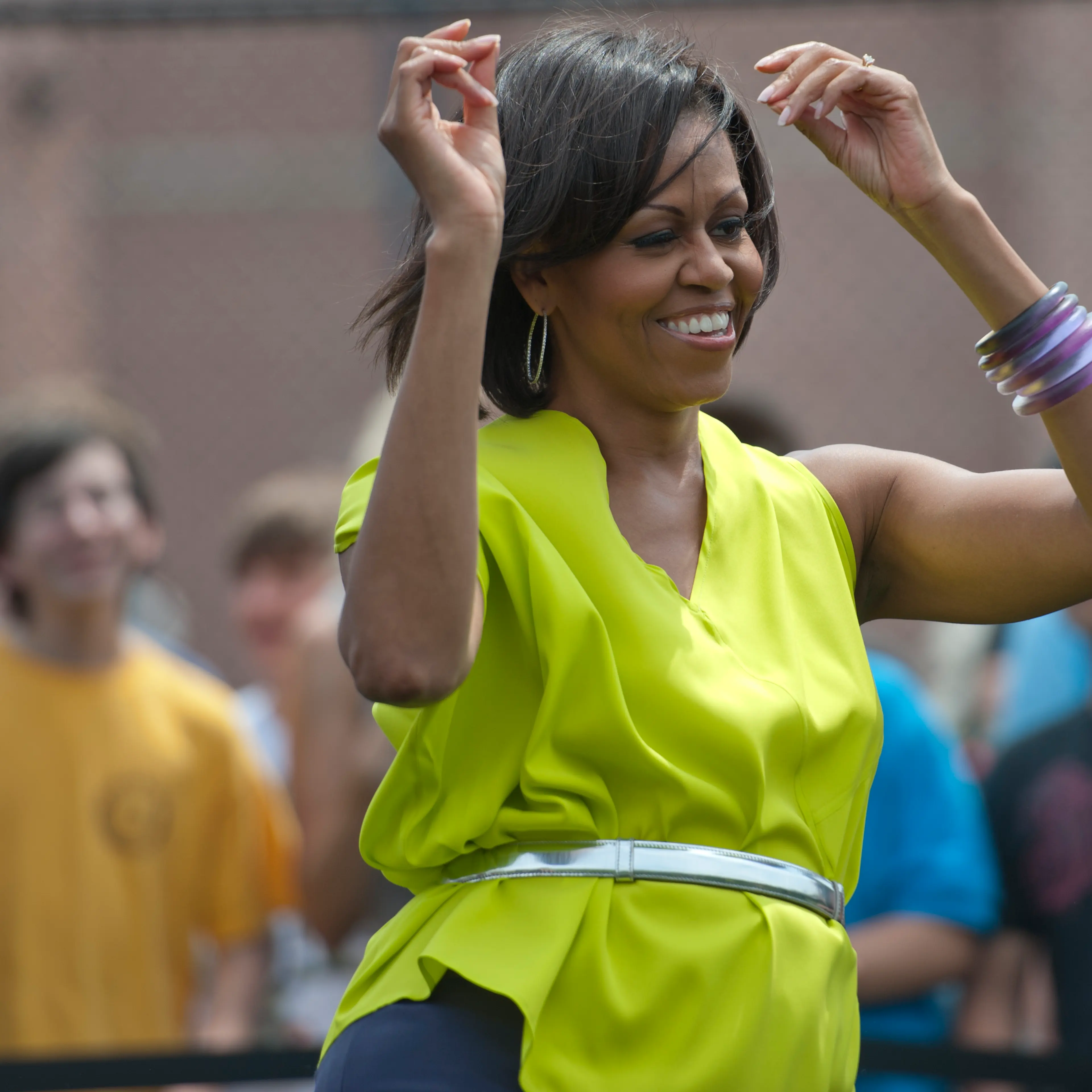 Surprise First Lady Michelle Obama greets the students and teachers of Alice Deal Middle School in Tenleytown, with a suprise visit, where she and the students and teachers participated in the "Let's Move! Flash Workout."A pre-choreographed dance routine