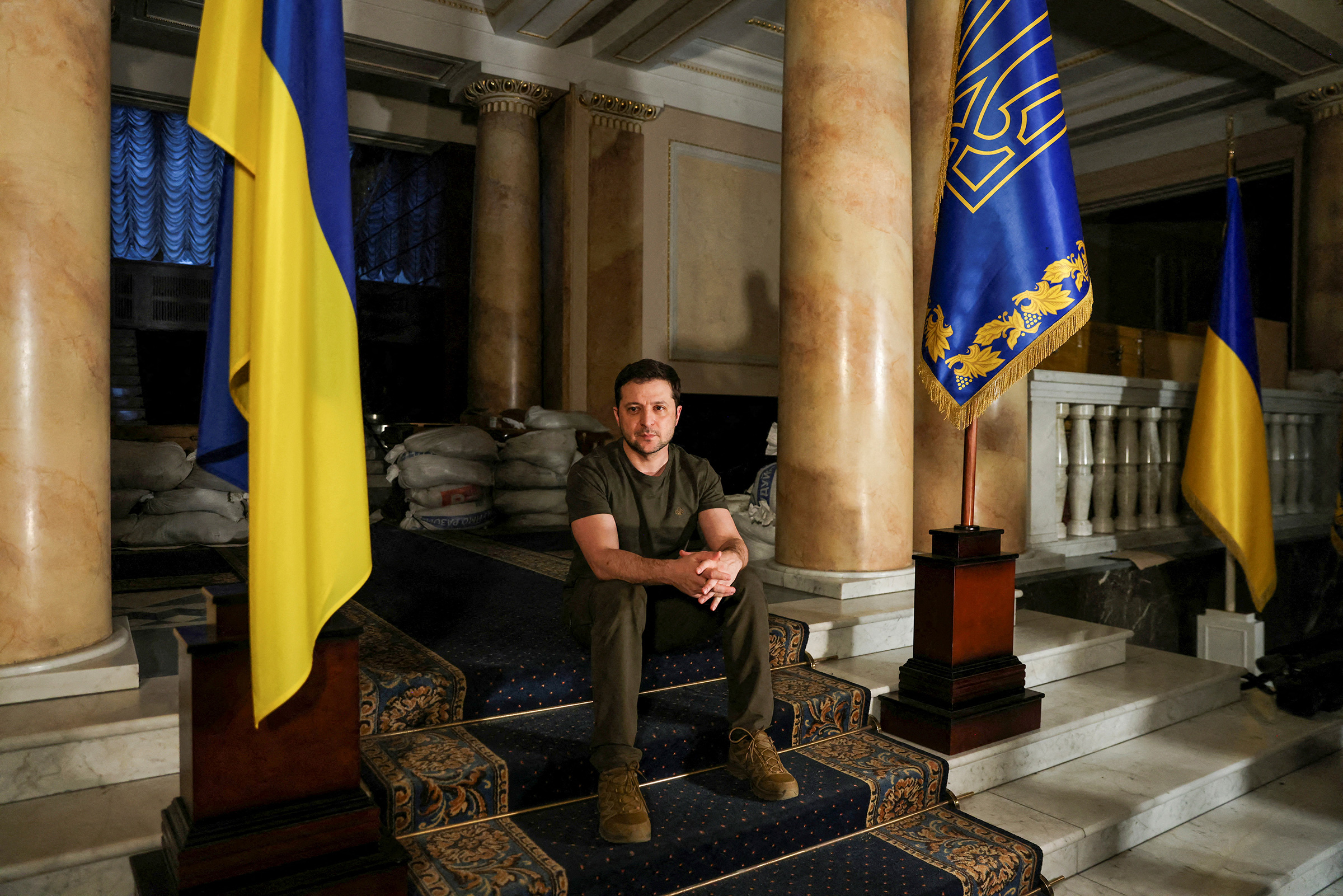 Ukrainian President Volodymyr Zelenskiy poses after an interview with Reuters in Kyiv