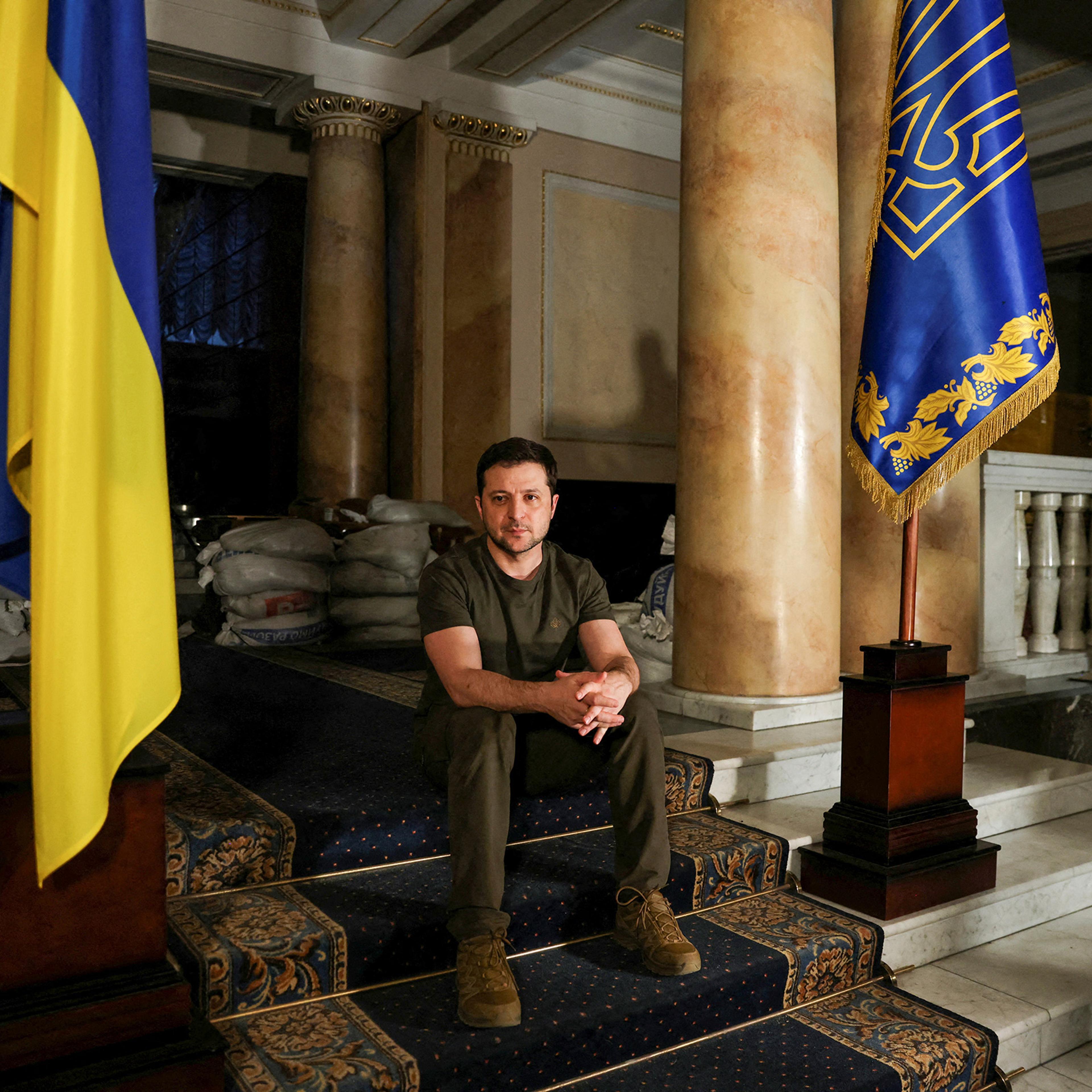 Ukrainian President Volodymyr Zelenskiy poses after an interview with Reuters in Kyiv