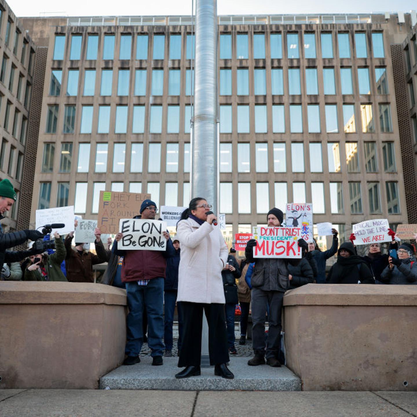 Protesters Rally Against Elon Musk Outside OPM Office