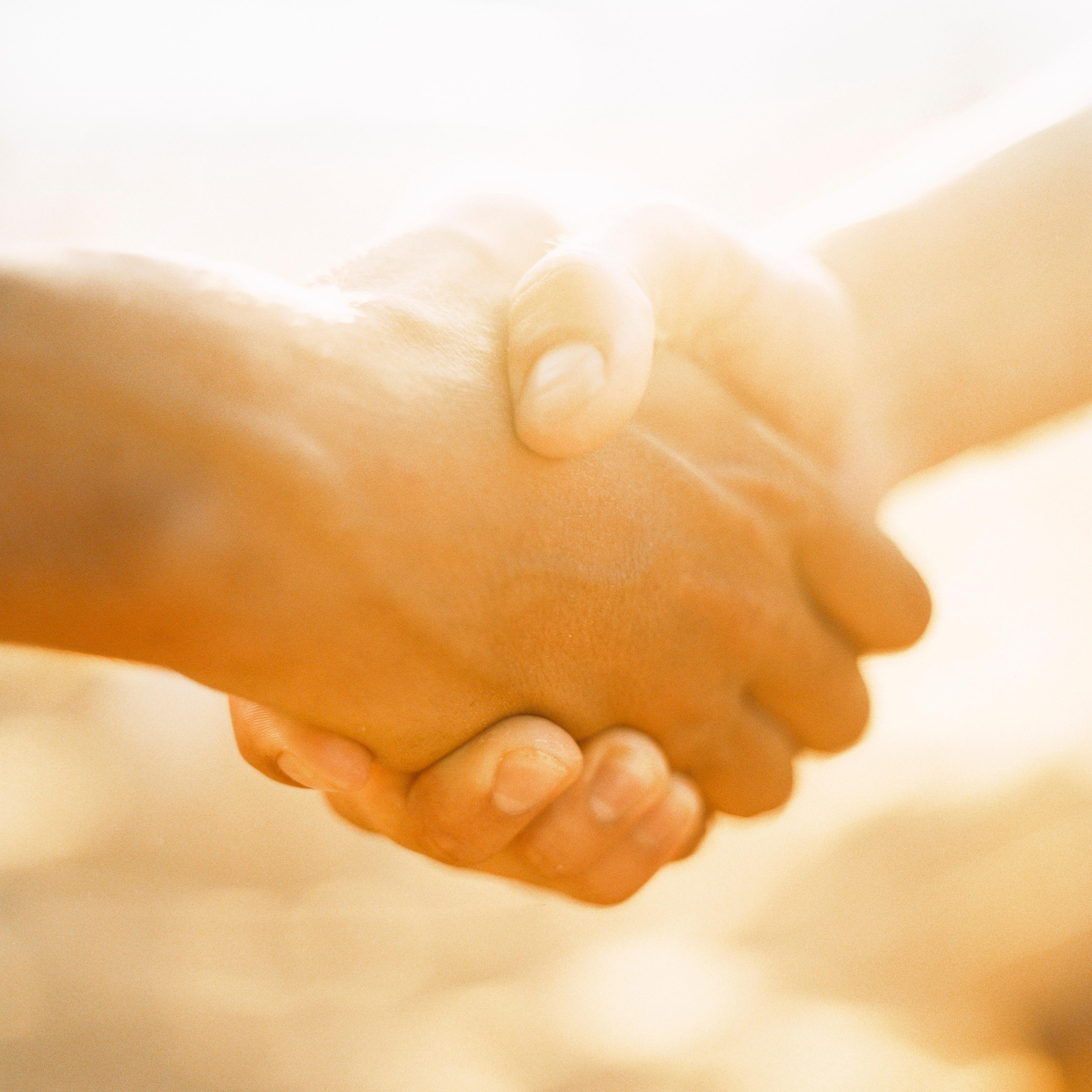 Two persons shaking hands in sunlight, close-up