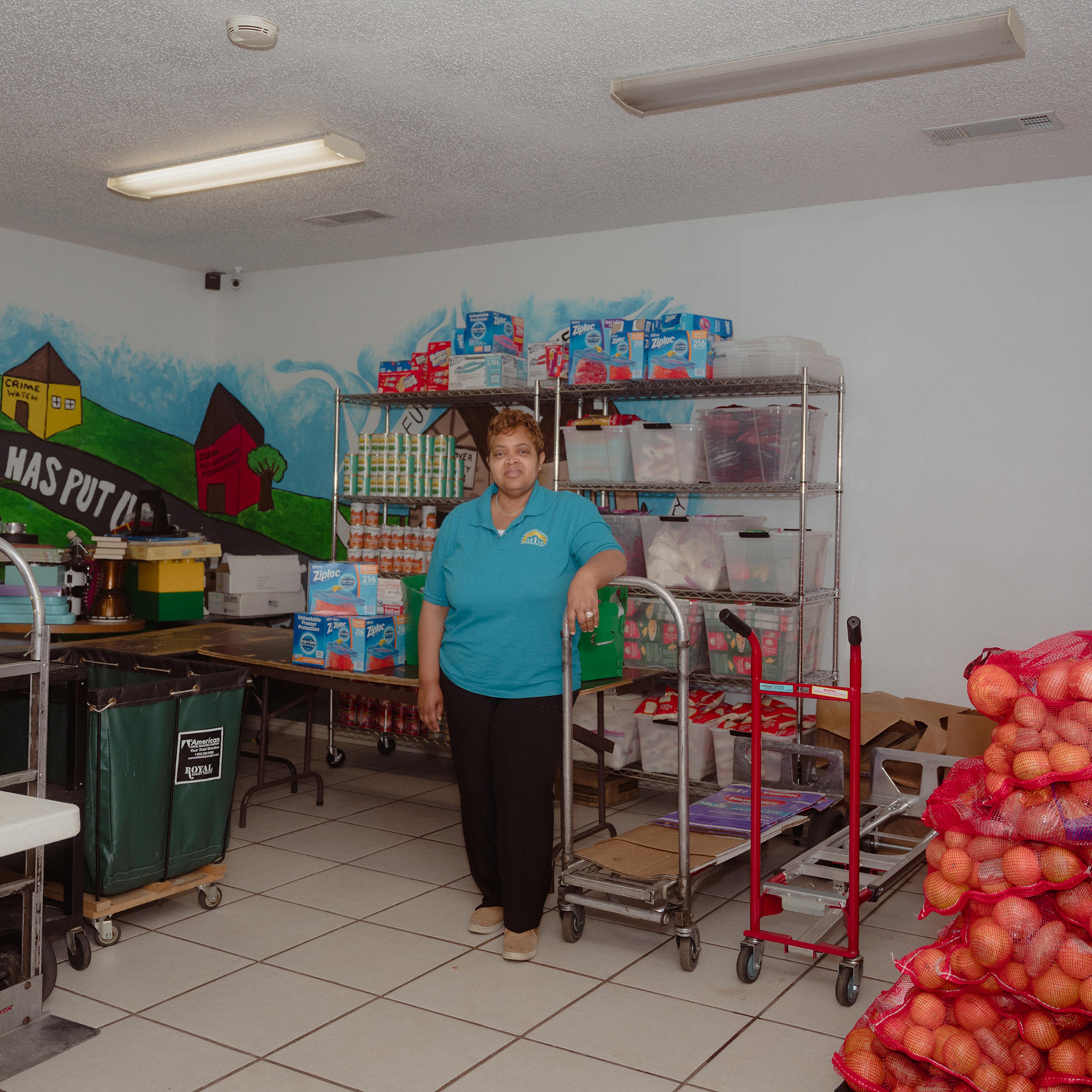Sherri Mixon at the food pantry she manages in Dallas, on Feb. 13.