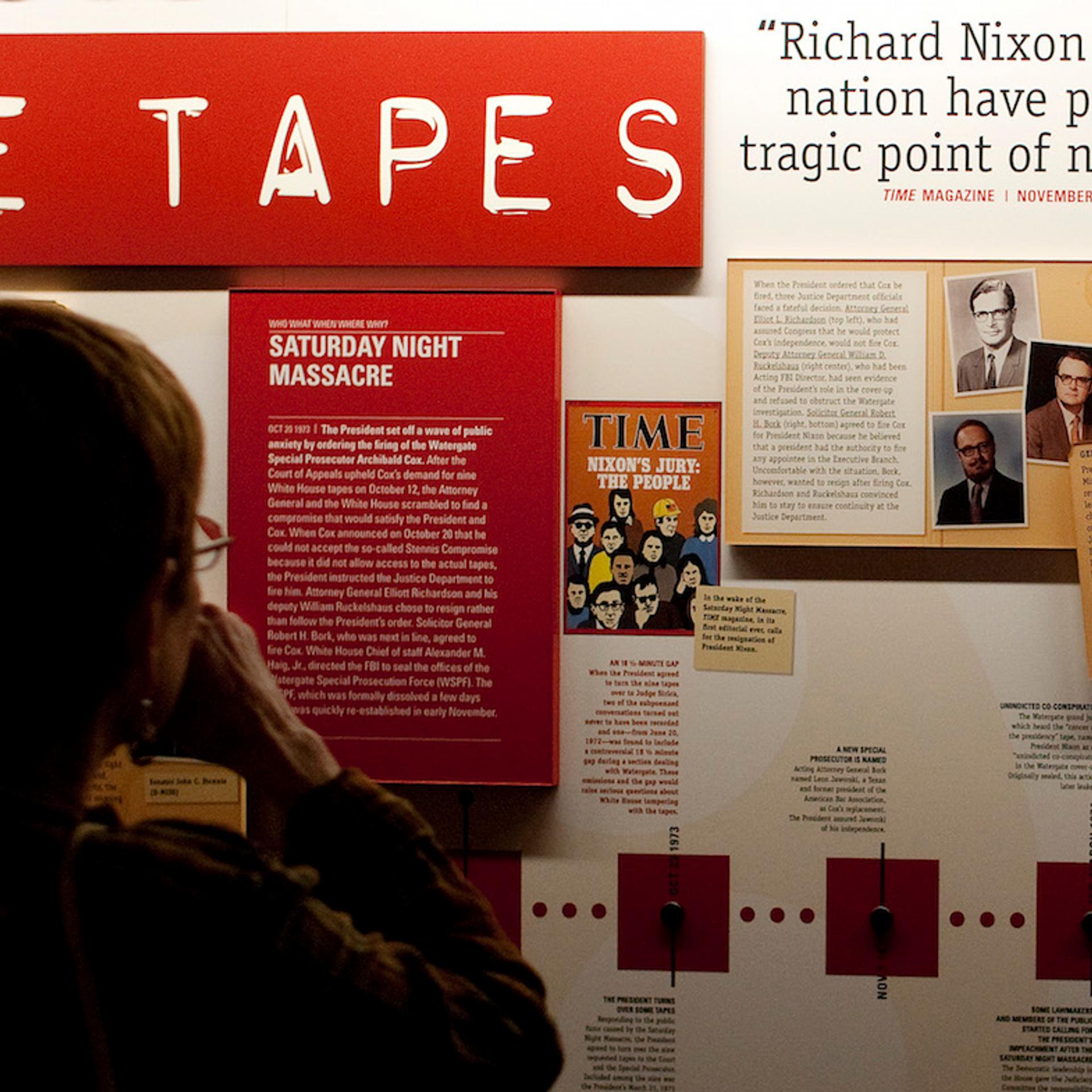 A timeline display from 1973 reveals the Saturday Night Massacre and Time magazine asking for forme