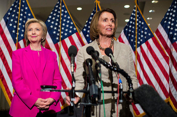 House Minority Leader Nancy Pelosi, D-Calif., introduces presidential candidate Hillary Rodham Clinton to the press for her on the Iran nuclear deal following her meeting with House Democrats during their weekly caucus meeting in the U.S. Capitol on Tues