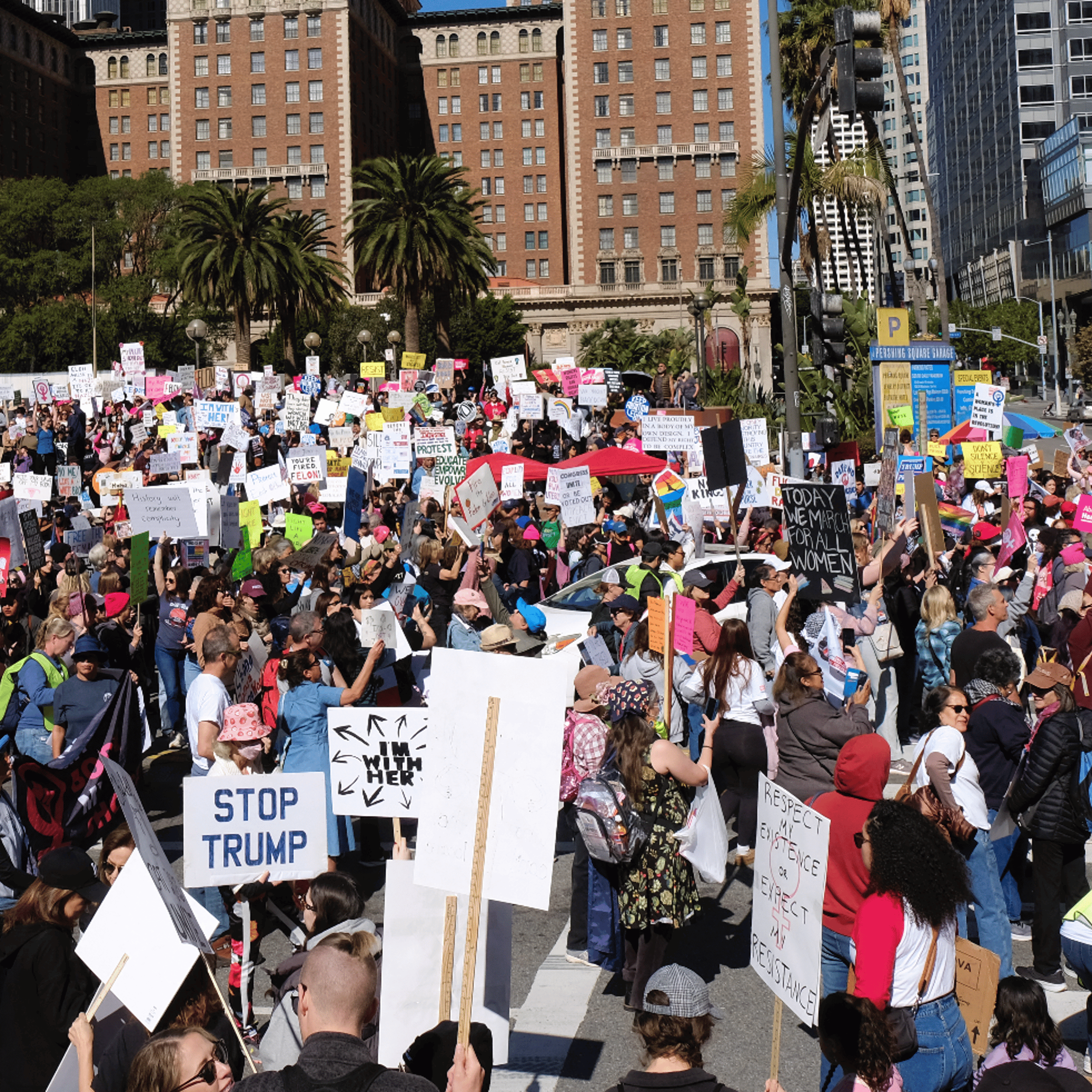 Protesters gather at Pershing Square in Downtown Los Angeles during a march on International Women's Day on March 8, 2025.