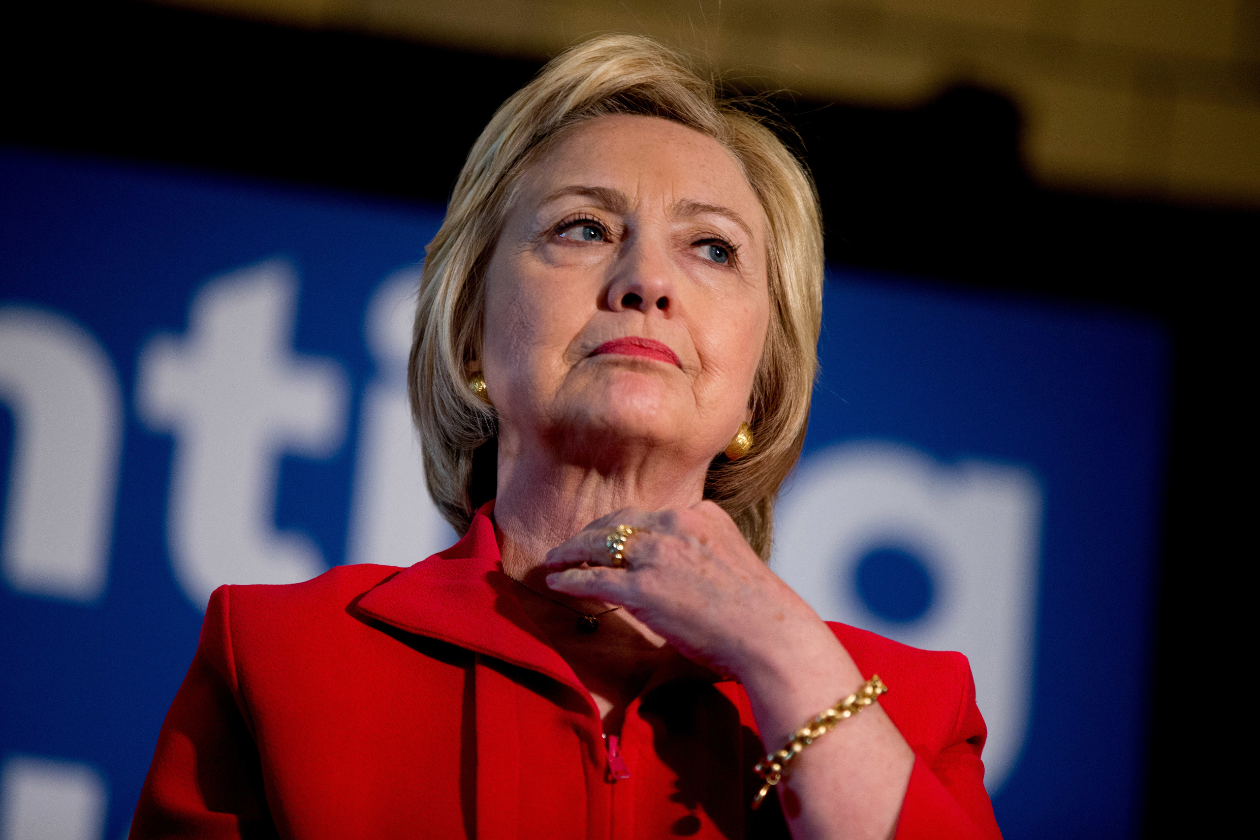 In this May 16, 2016 photo, Democratic presidential candidate Hillary Clinton waits to speak at a get out the vote event at La Gala in Bowling Green, Ky. Hillary Clinton has a message for Donald Trump: Bring it on. As Clinton's path to the Democratic nom