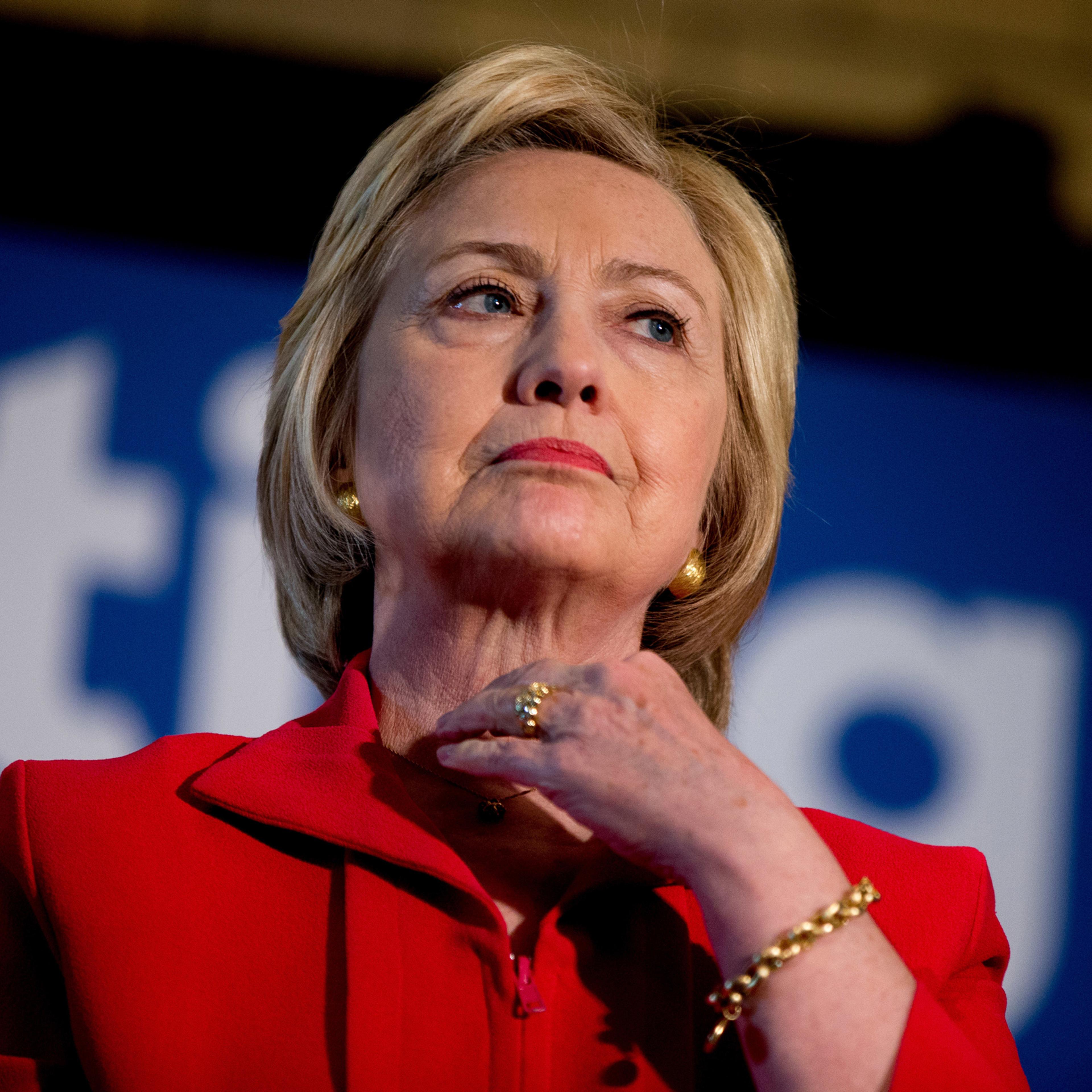 In this May 16, 2016 photo, Democratic presidential candidate Hillary Clinton waits to speak at a get out the vote event at La Gala in Bowling Green, Ky. Hillary Clinton has a message for Donald Trump: Bring it on. As Clinton's path to the Democratic nom