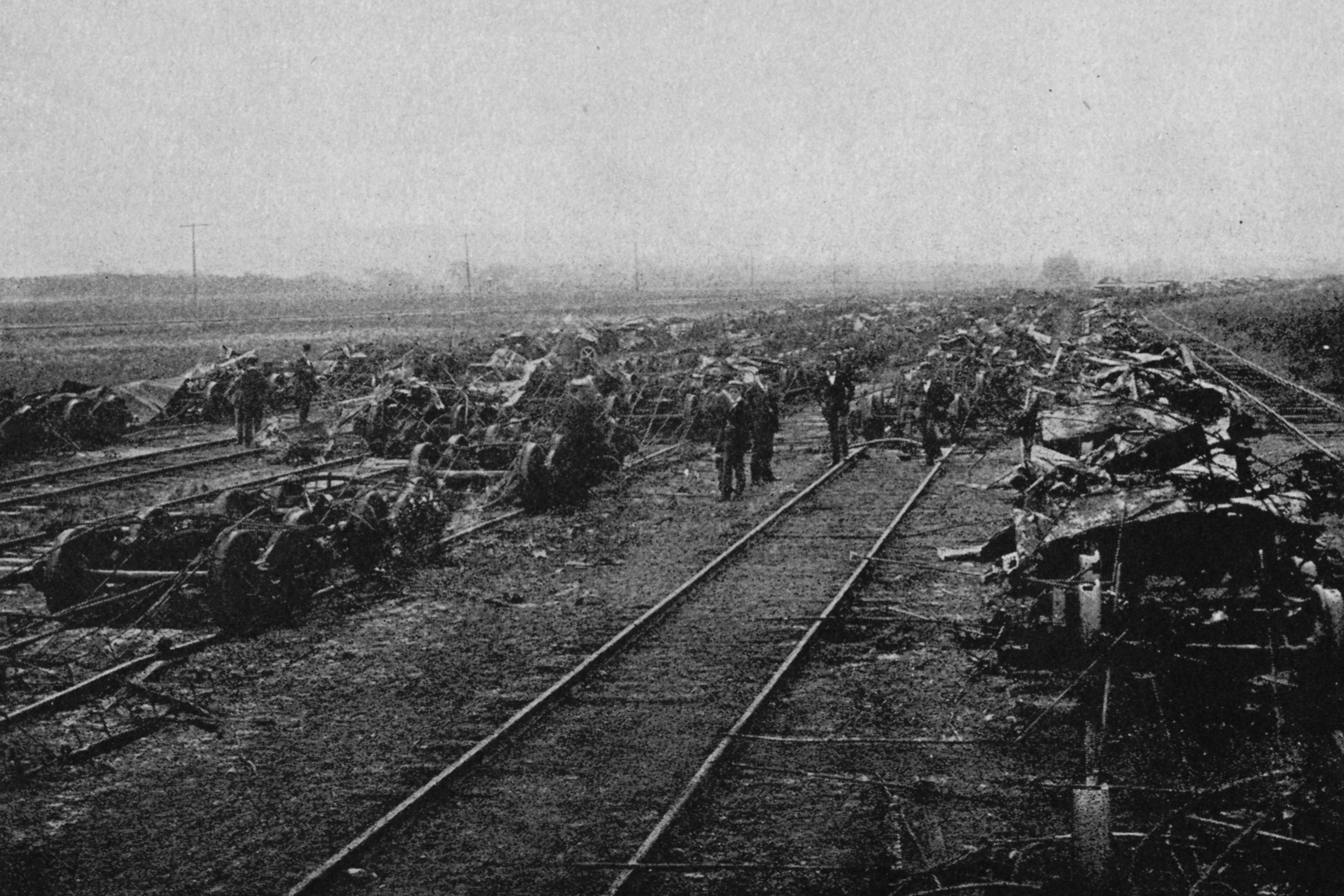 Burned freight cars lining the expanse of the Panhandle Railroad, during the Pullman Railway Union Strikes, Chicago, July 1894. 