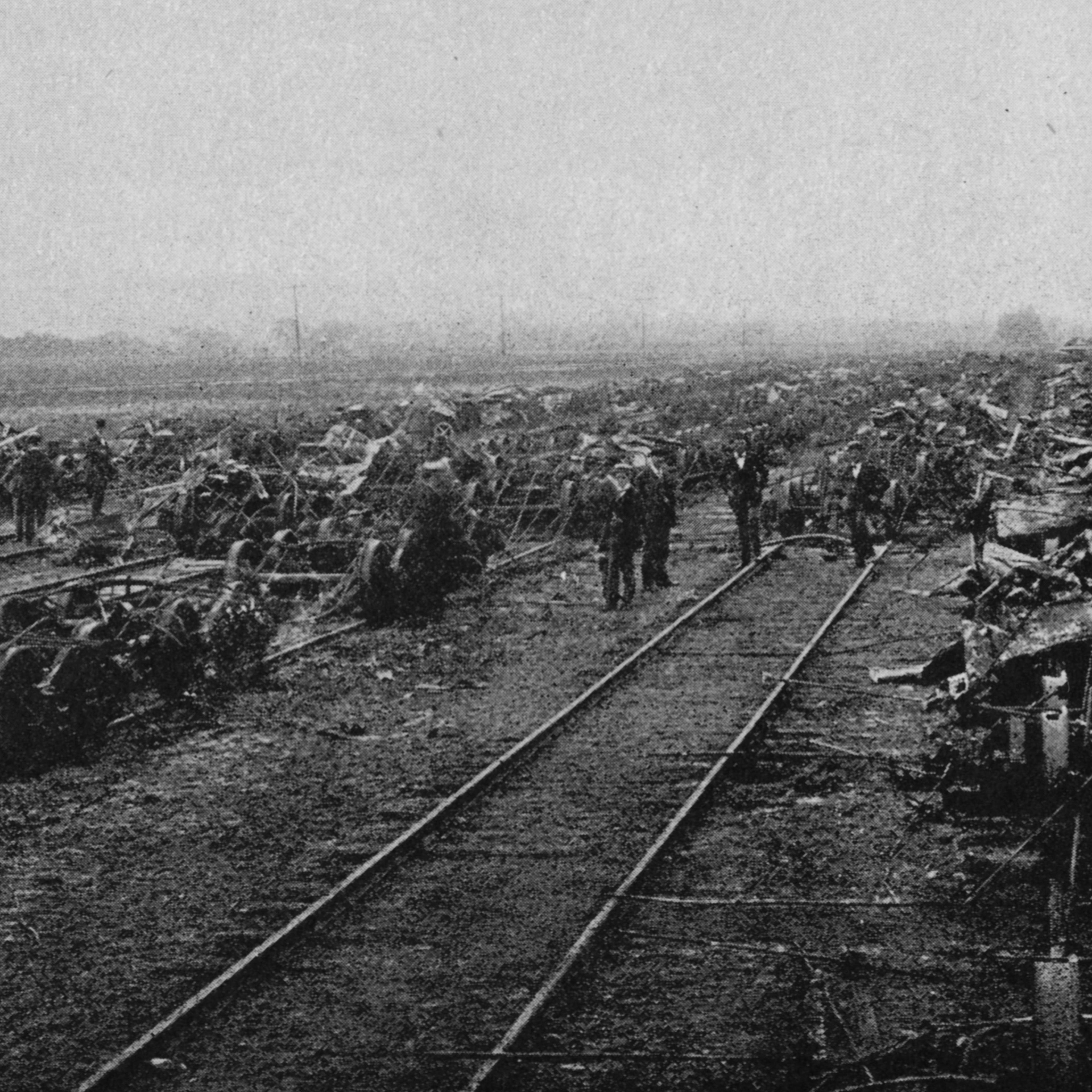 Burned freight cars lining the expanse of the Panhandle Railroad, during the Pullman Railway Union Strikes, Chicago, July 1894.