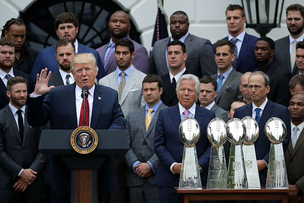 U.S. President Donald Trump delivers remarks while hosting the New England Patriots and team owner Robert Kraft during a celebration of the team's Super Bowl victory on the South Lawn at the White House April 19, 2017 in Washington, DC.
