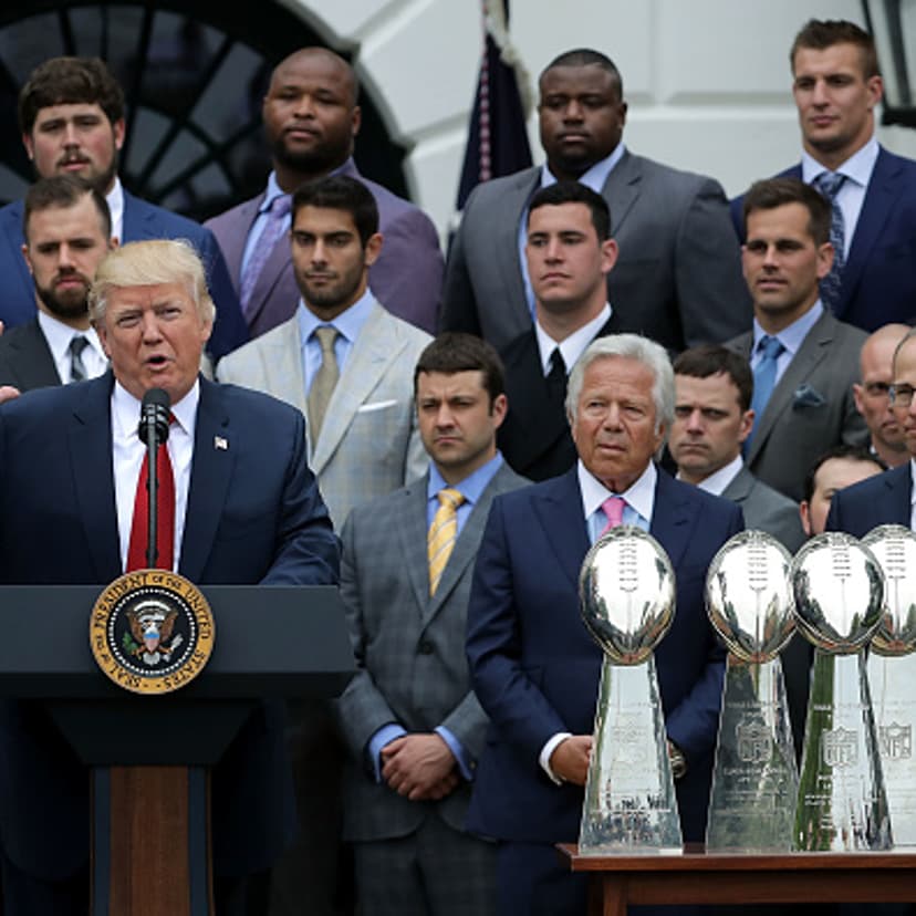 U.S. President Donald Trump delivers remarks while hosting the New England Patriots and team owner Robert Kraft during a celebration of the team's Super Bowl victory on the South Lawn at the White House April 19, 2017 in Washington, DC.