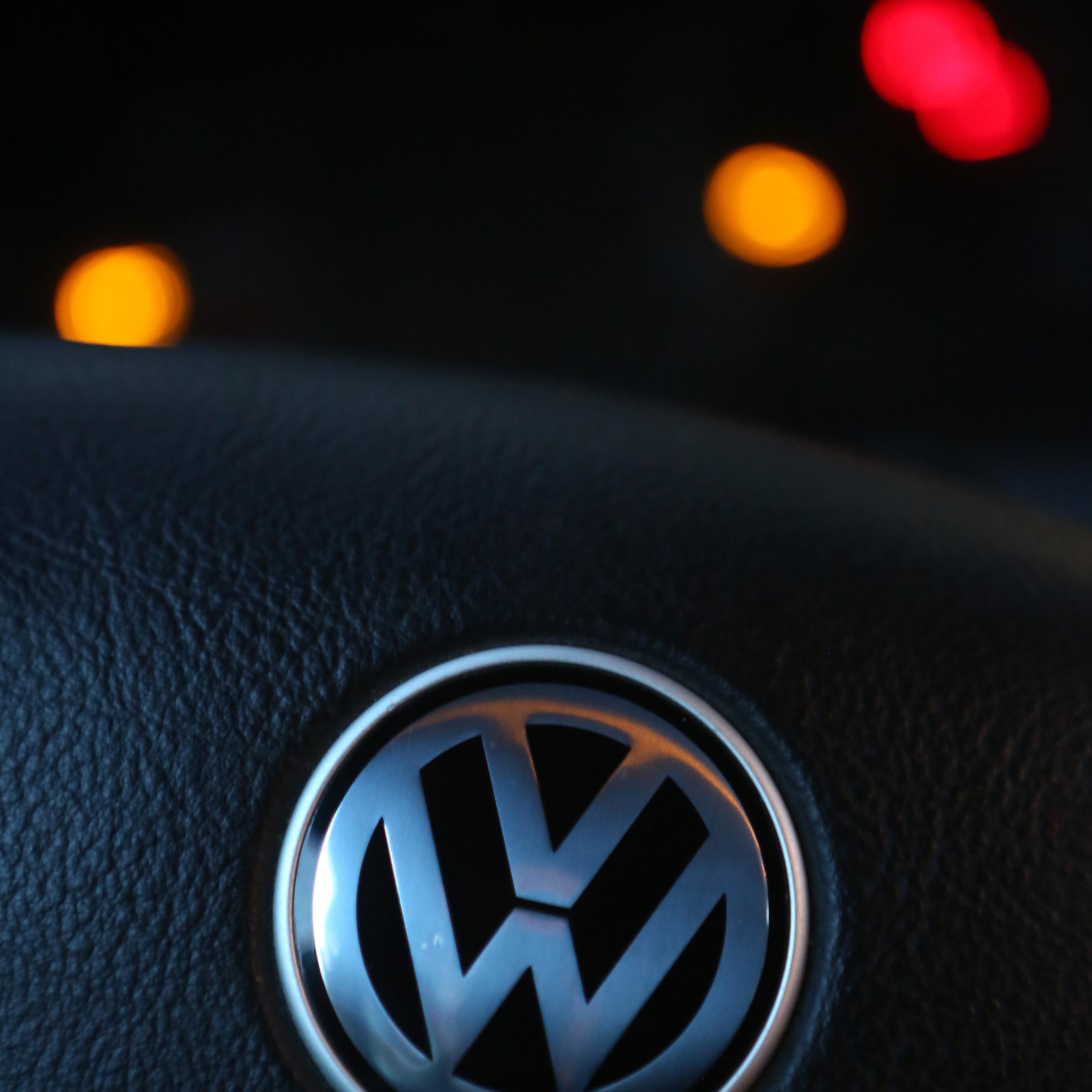A Volkswagen (VW) logo is seen on the steering wheel of one of the Volkswagen cars in Berlin on Sept. 18, 2015.