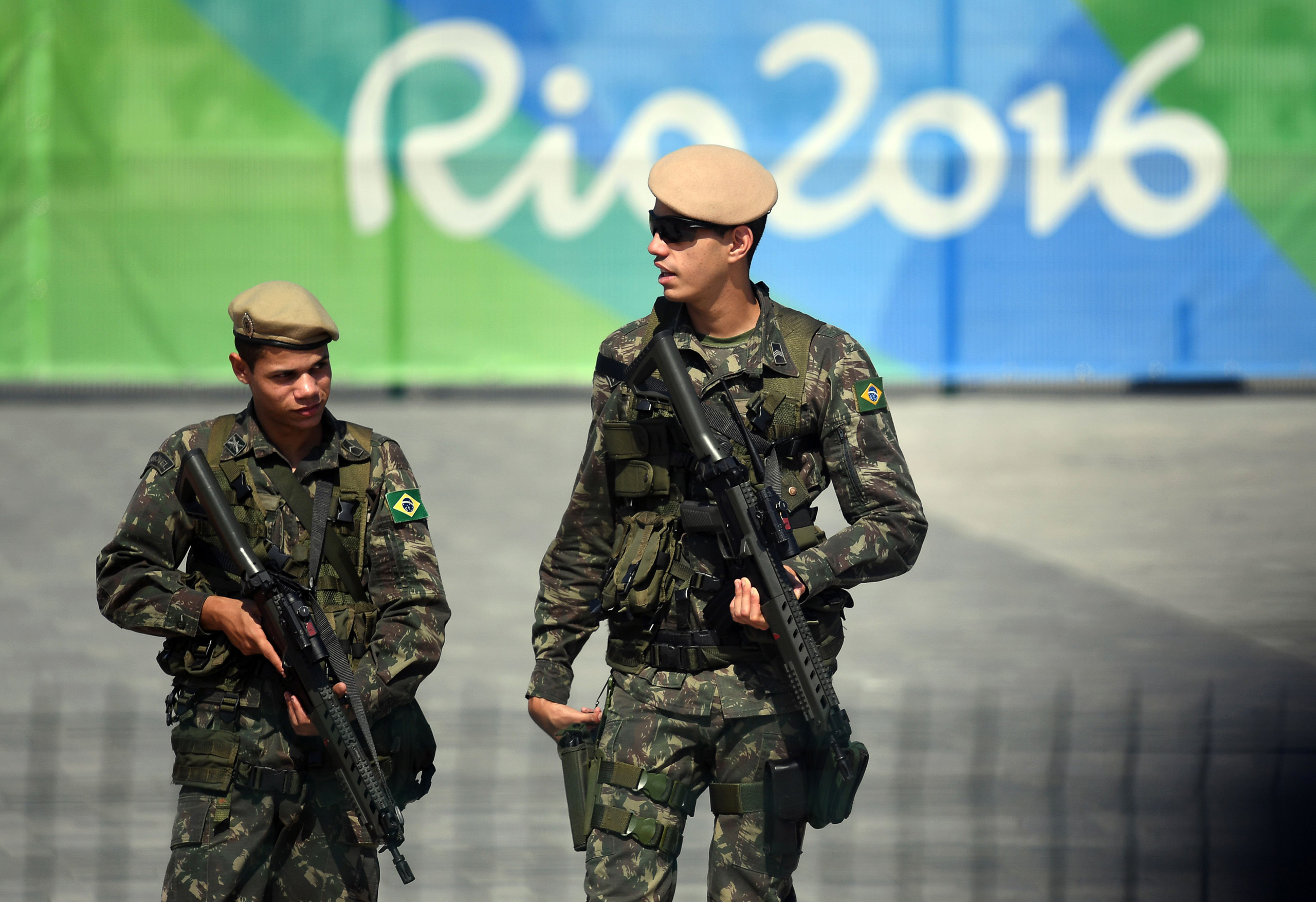 Brazilian soldiers patrol around the Olympic Park in Rio de Janeiro on Aug. 4, 2016.