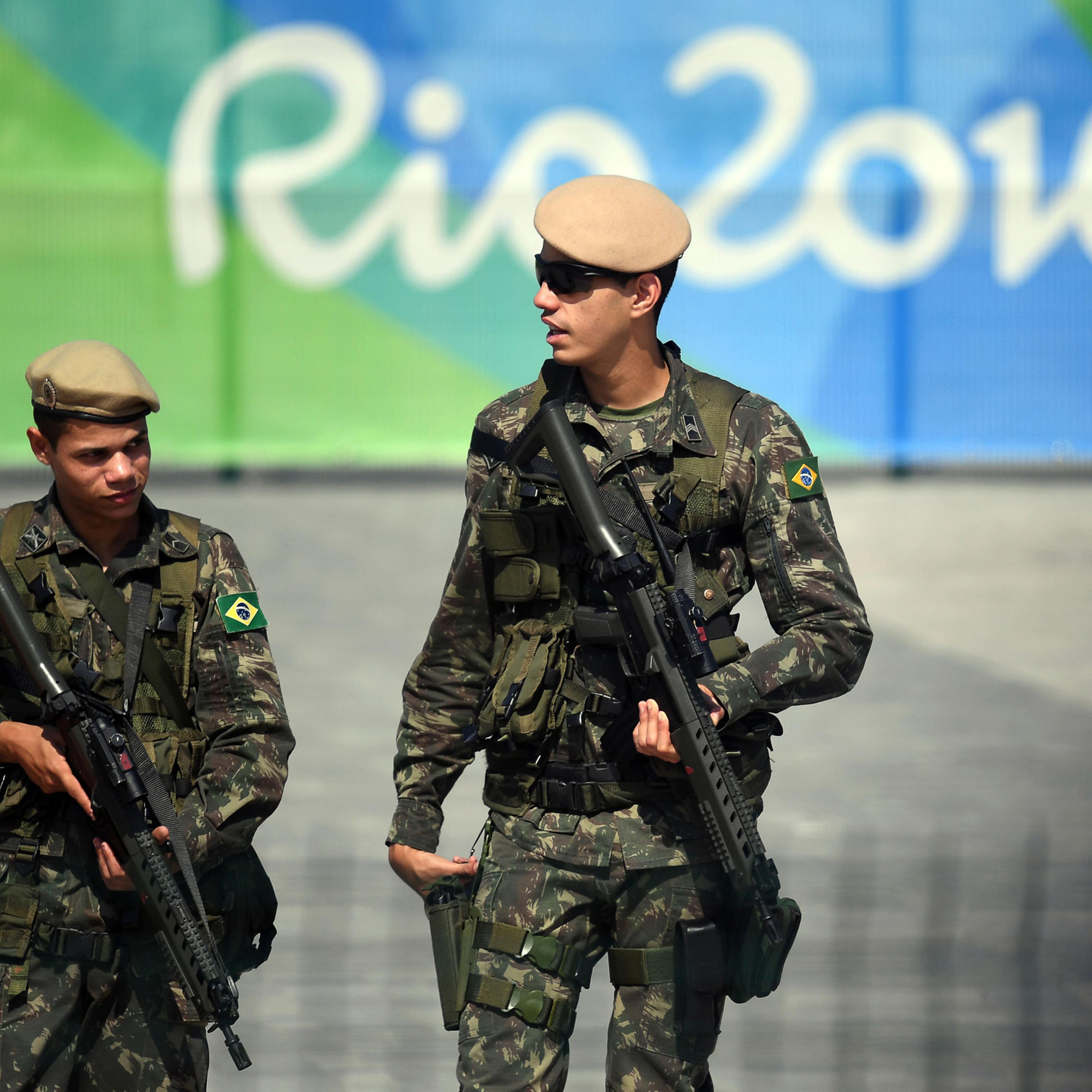 Brazilian soldiers patrol around the Olympic Park in Rio de Janeiro on Aug. 4, 2016.