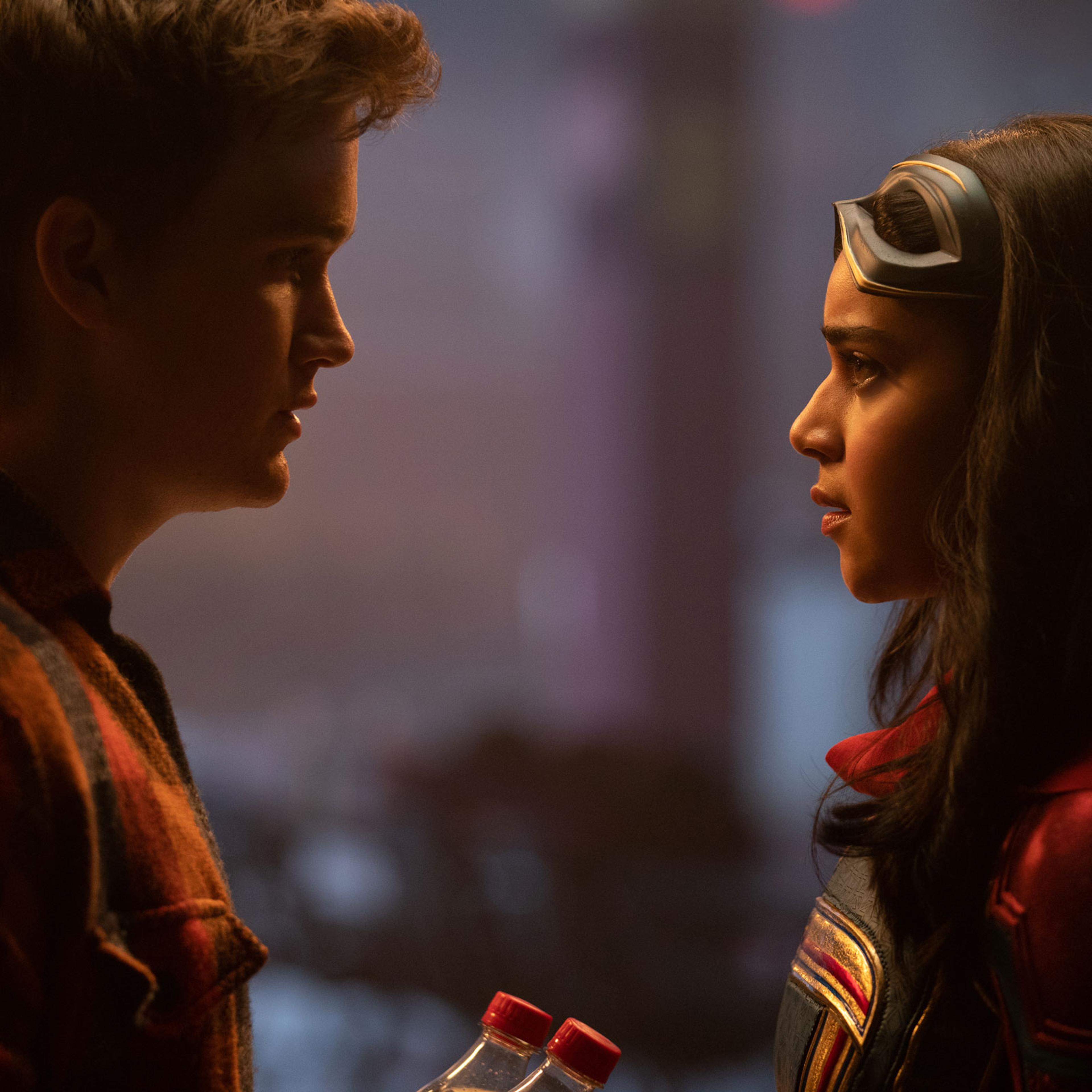 Still from Ms Marvel season one finale showing Matt Lintz as Bruno and Iman Vellani as Kamala Khan/Ms. Marvel
