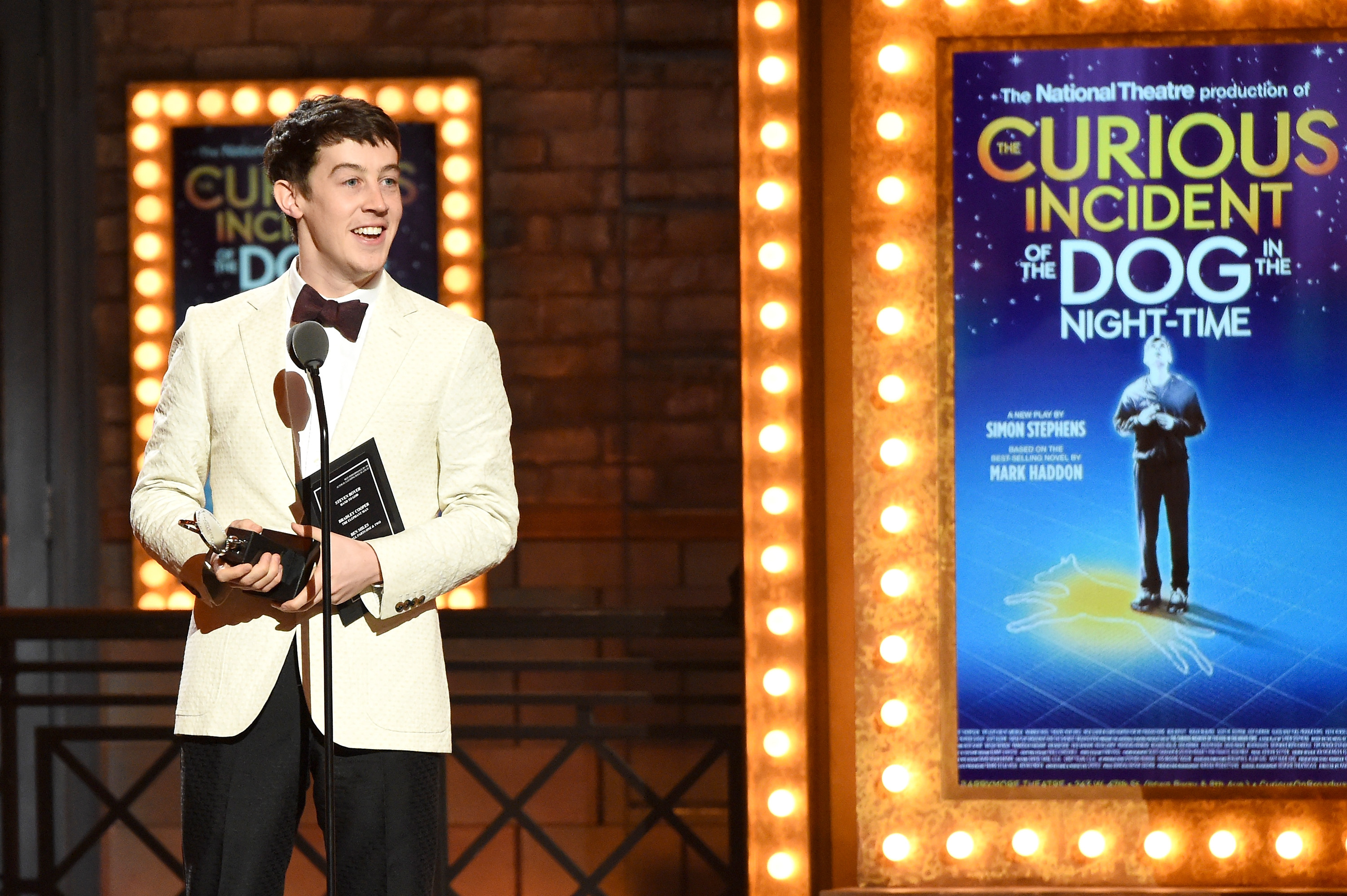 Alex Sharp accepts the award for Best Performance by an Actor in a Leading Role in a Play for "The Curious Incident of the Dog in the Night-Time" onstage at the 2015 Tony Awards at Radio City Music Hall on June 7, 2015 in New York City.
