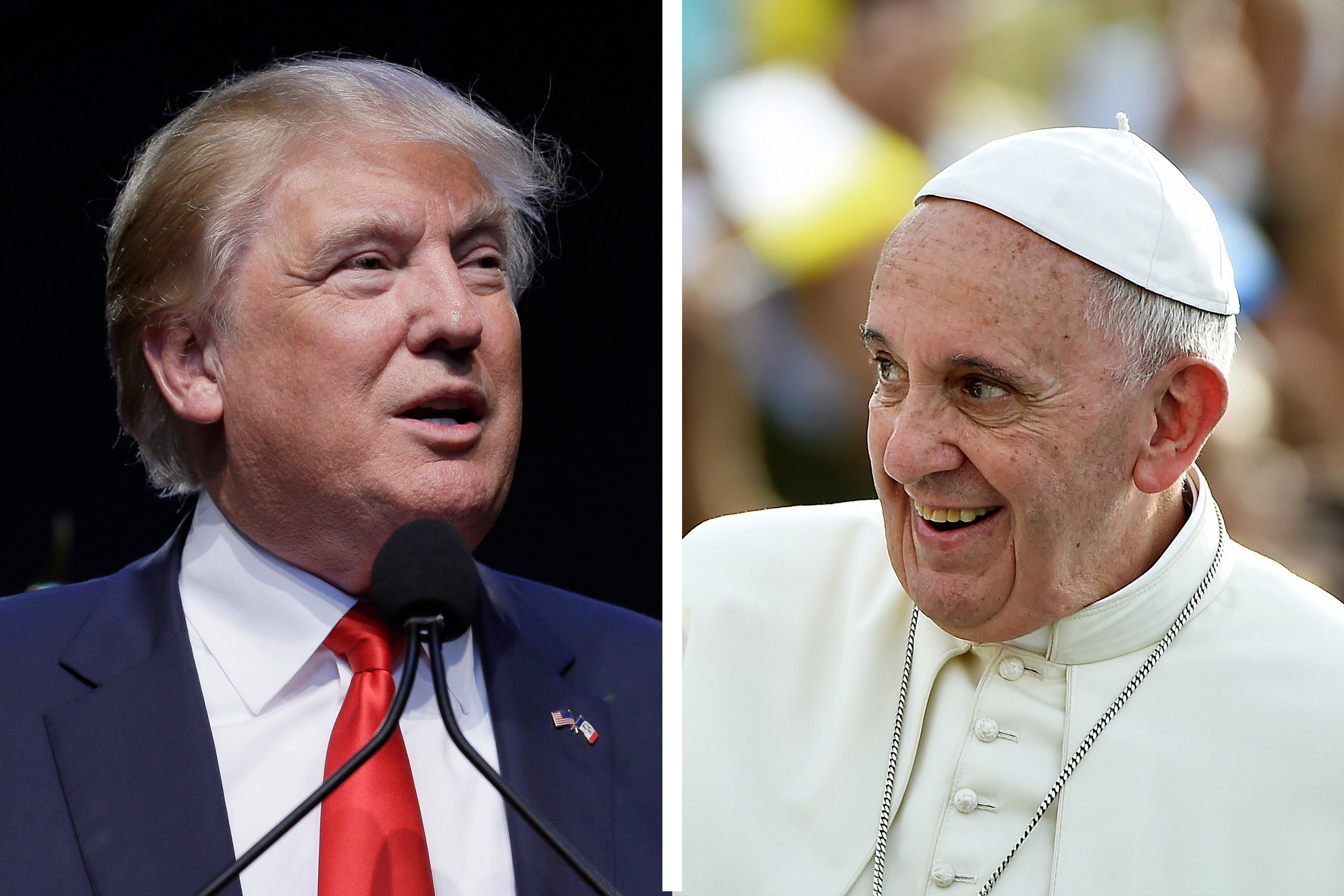 <i>Left</i>: Donald Trump speaks during the Iowa Faith &amp; Freedom Coalition's annual fall dinner in Des Moines, Iowa, on Sept. 19, 2015; <i>Right</i>: Pope Francis waves upon his arrival in Santiago de Cuba on Sept. 21, 2015.