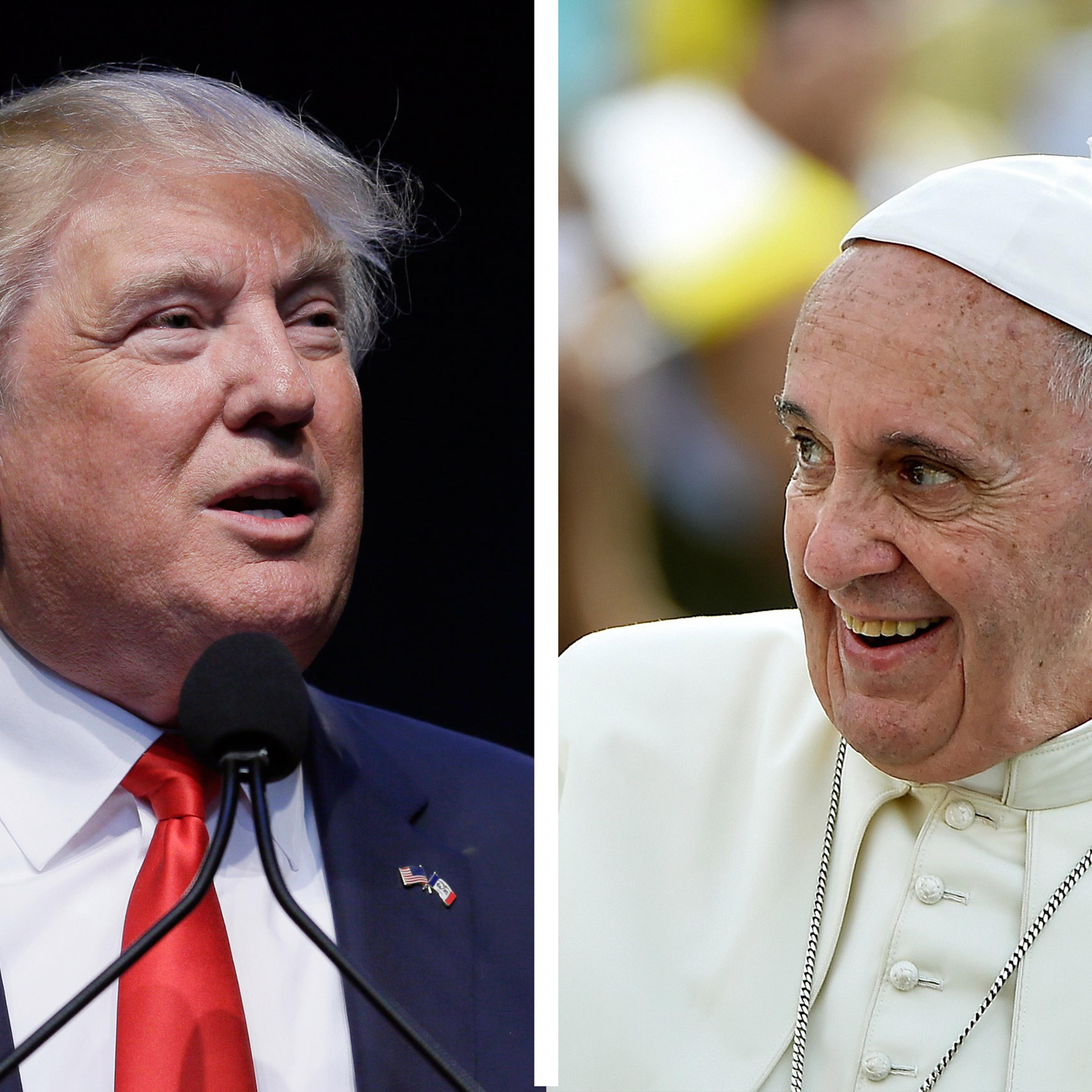 <i>Left</i>: Donald Trump speaks during the Iowa Faith & Freedom Coalition's annual fall dinner in Des Moines, Iowa, on Sept. 19, 2015; <i>Right</i>: Pope Francis waves upon his arrival in Santiago de Cuba on Sept. 21, 2015.
