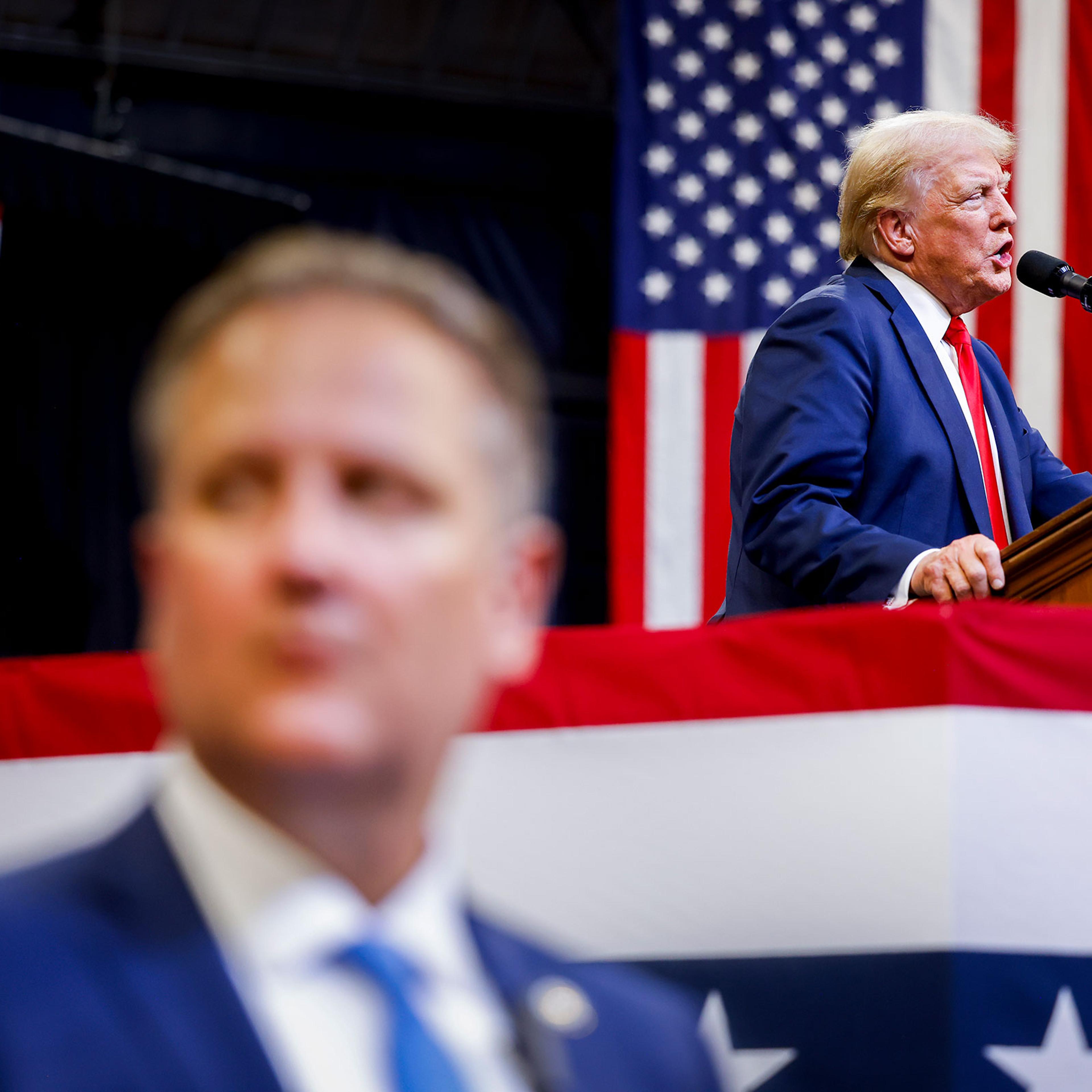 Republican presidential nominee, former President Donald Trump speaks at a rally at the Brick Breeden Fieldhouse at Montana State University in Bozeman on Aug. 9, 2024.