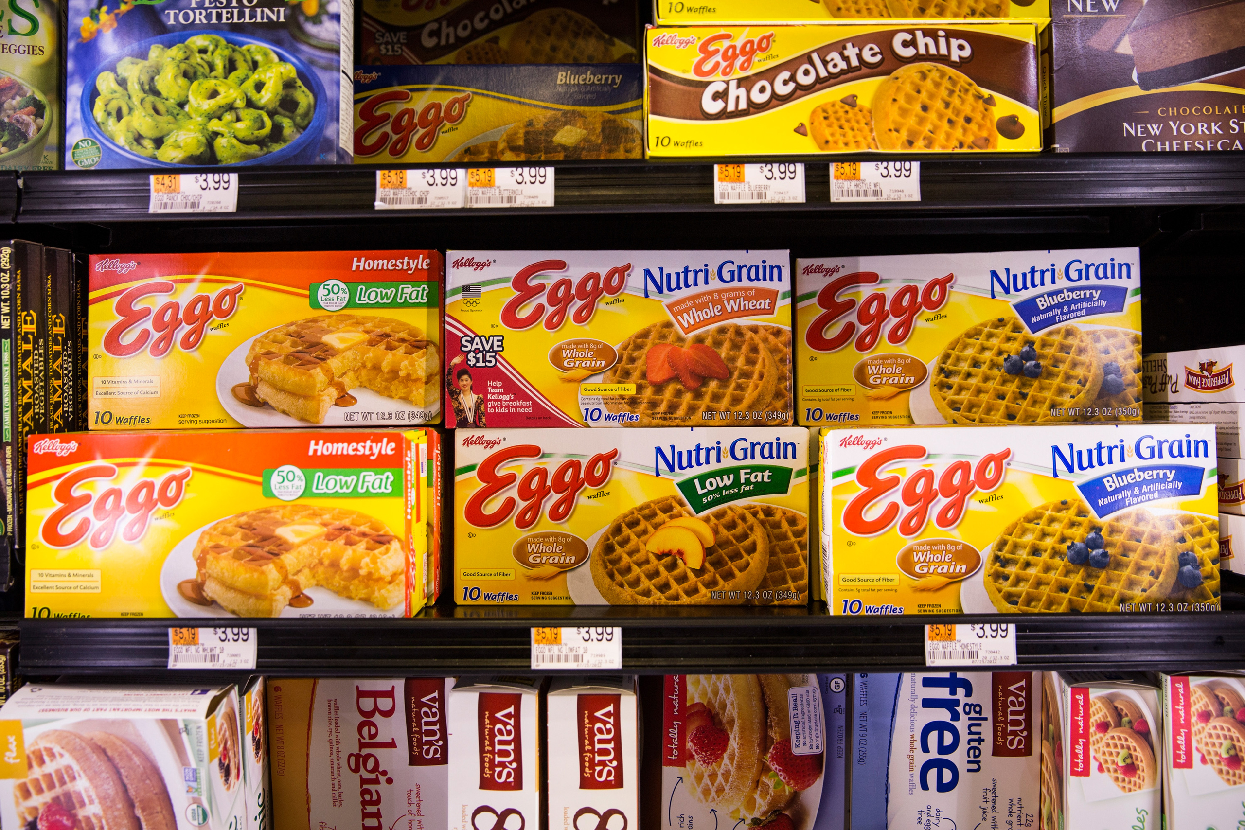 NEW YORK, NY - FEBRUARY 19: Boxes of Eggo Waffles sit for sale at the Metropolitan Citymarket on February 19, 2014 in the East Village neighborhood of New York City. Kellogg, maker of Eggo waffles, has announced that it will only buy palm oil - a minor i
