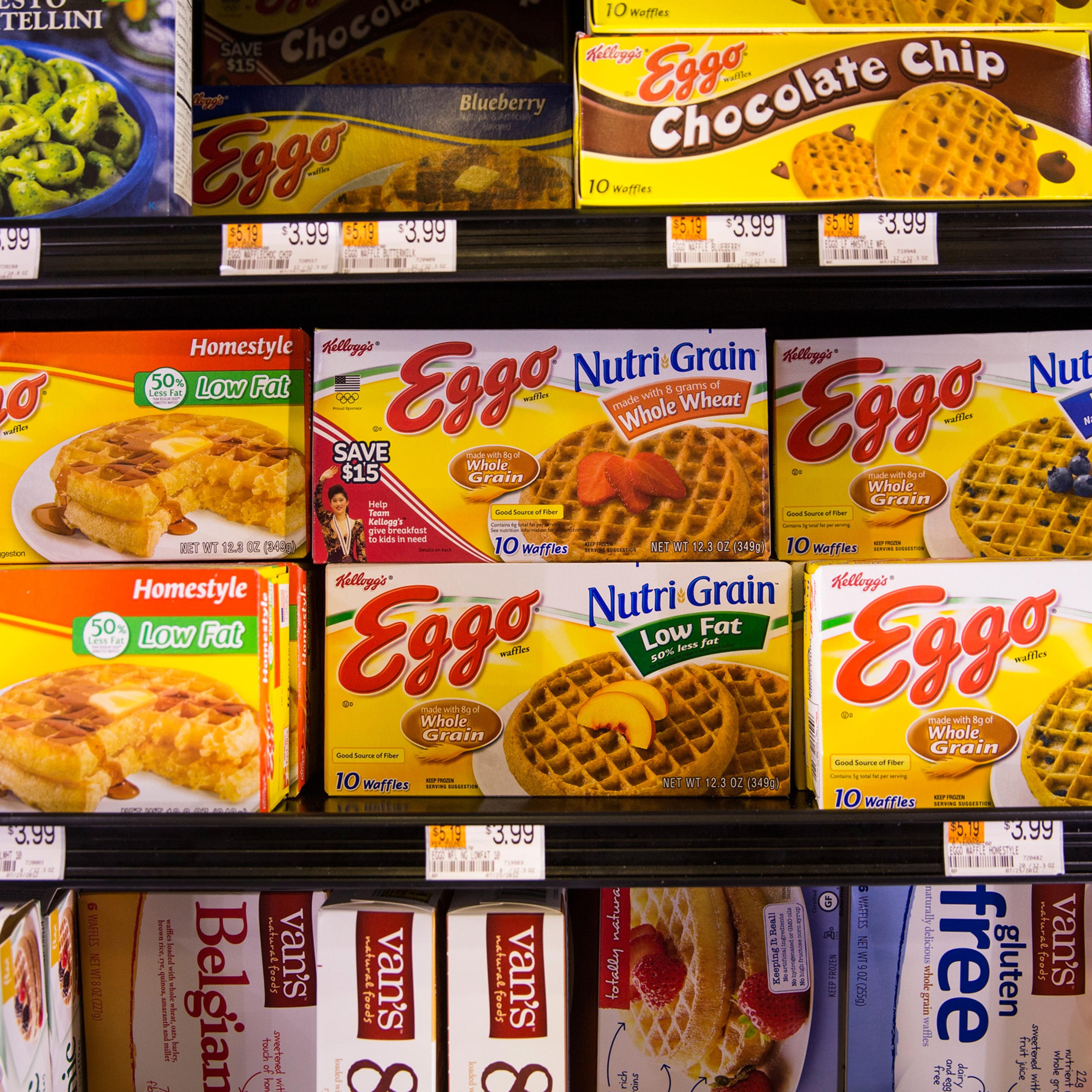 NEW YORK, NY - FEBRUARY 19: Boxes of Eggo Waffles sit for sale at the Metropolitan Citymarket on February 19, 2014 in the East Village neighborhood of New York City. Kellogg, maker of Eggo waffles, has announced that it will only buy palm oil - a minor i