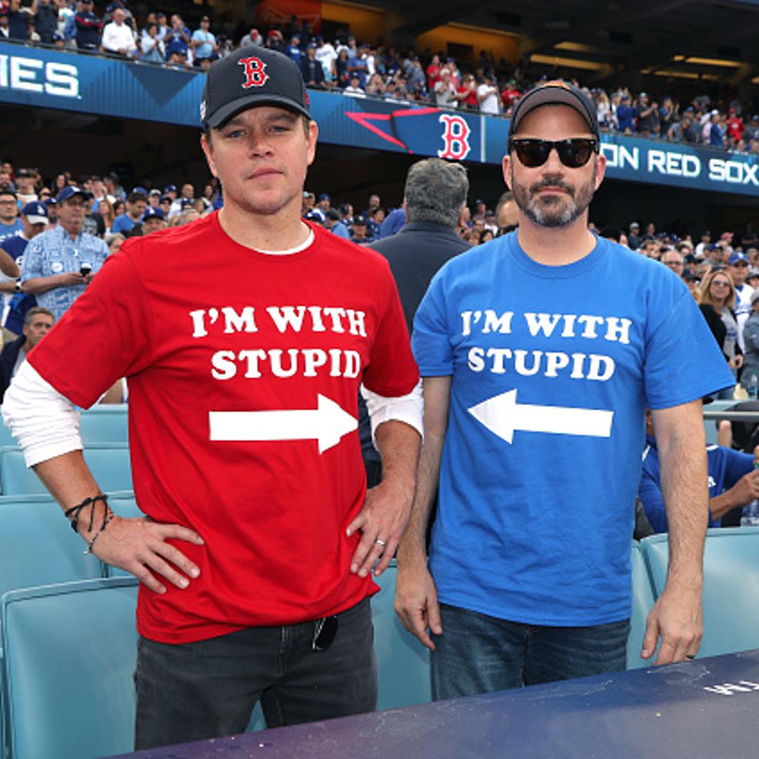 Matt Damon and Jimmy Kimmel attend The Los Angeles Dodgers Game - World Series - Boston Red Sox v Los Angeles Dodgers - Game Five at Dodger Stadium on October 28, 2018 in Los Angeles, California.