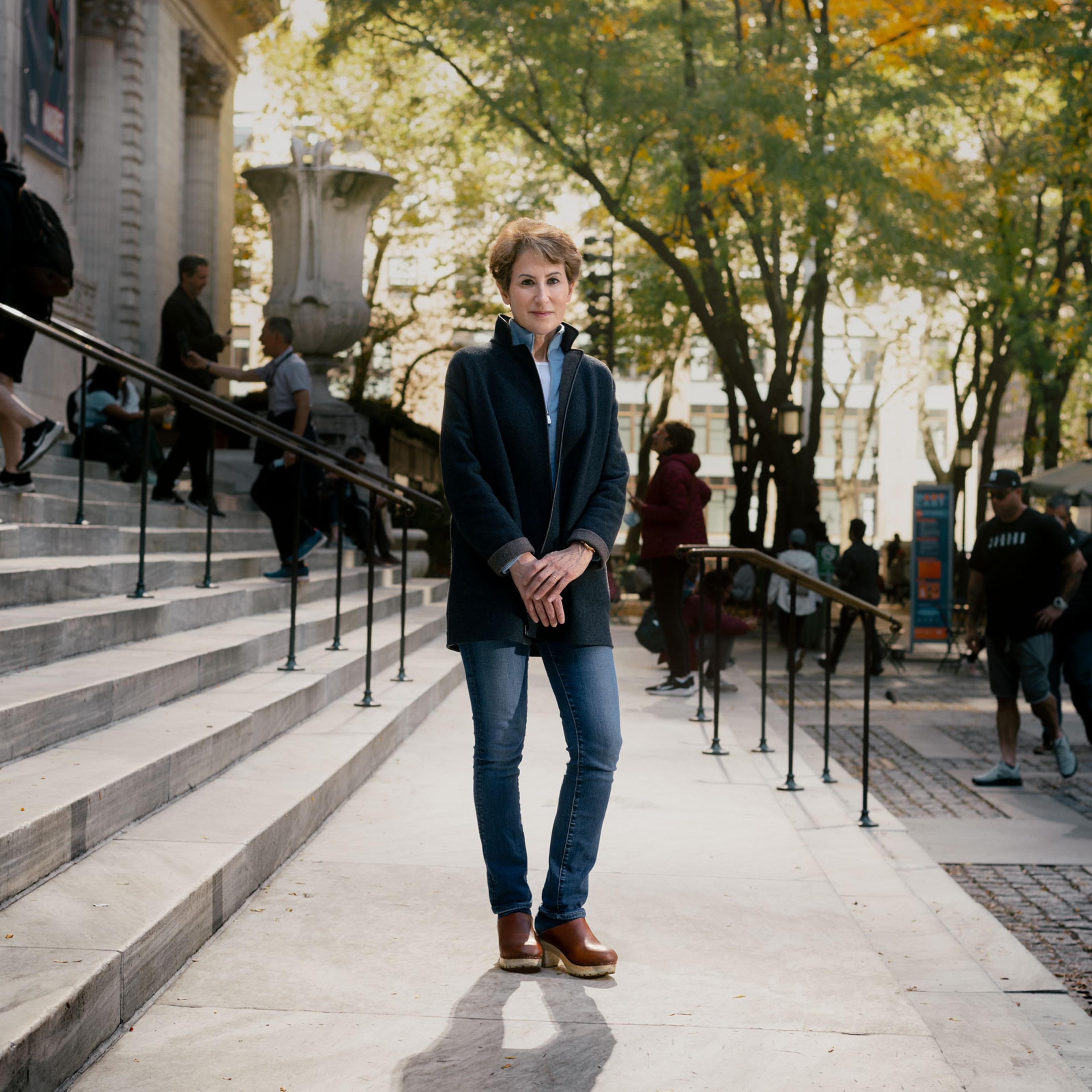 Stacy Schiff on the front steps of the New York Public Library, on Oct. 14, 2022.
