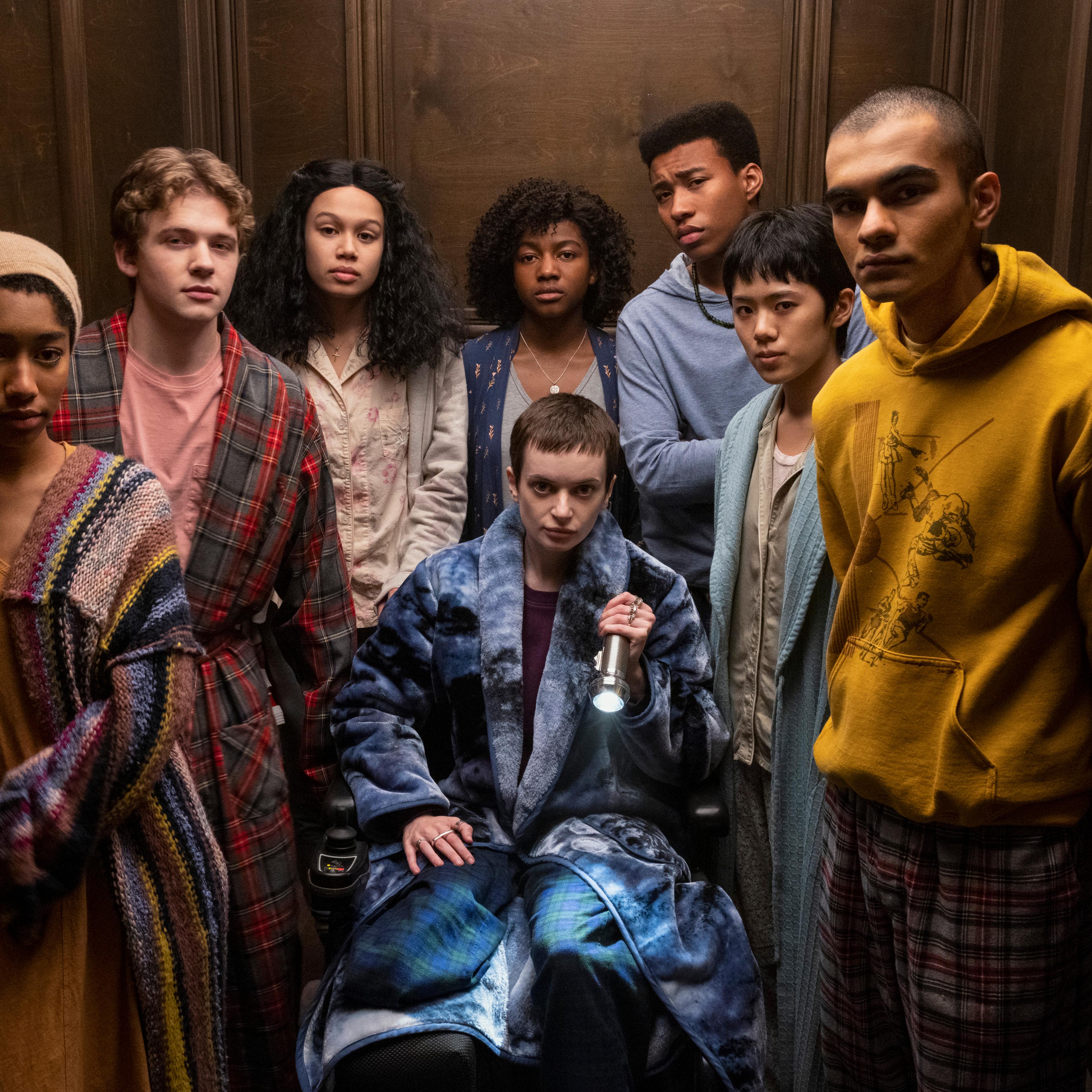 The Midnight Club. (L to R) Iman Benson as Ilonka, Igby Rigney as Kevin, Annarah Cymone as Sandra, Ruth Codd as Anya, Adia as Cheri Ian, Chris Sumpter as Spencer, Aya Furukawa as Natsuki, Sauriyan Sapkota as Amesh in episode 104 of The Midnight Club. Cr.